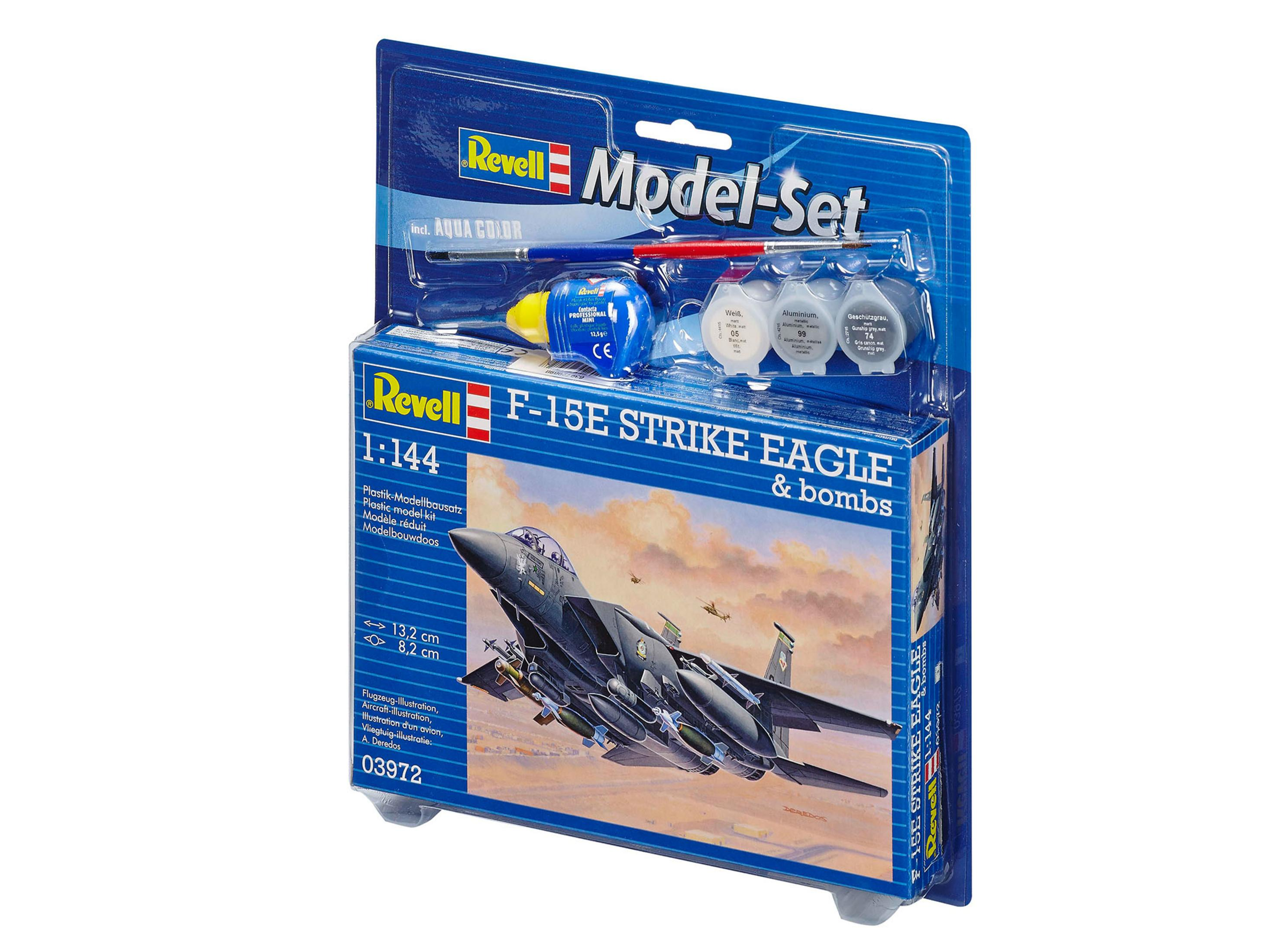 Modellbausatz: F-15E Strike Eagle. Enthält Farben, Pinsel und Modell. Weißer Hintergrund.