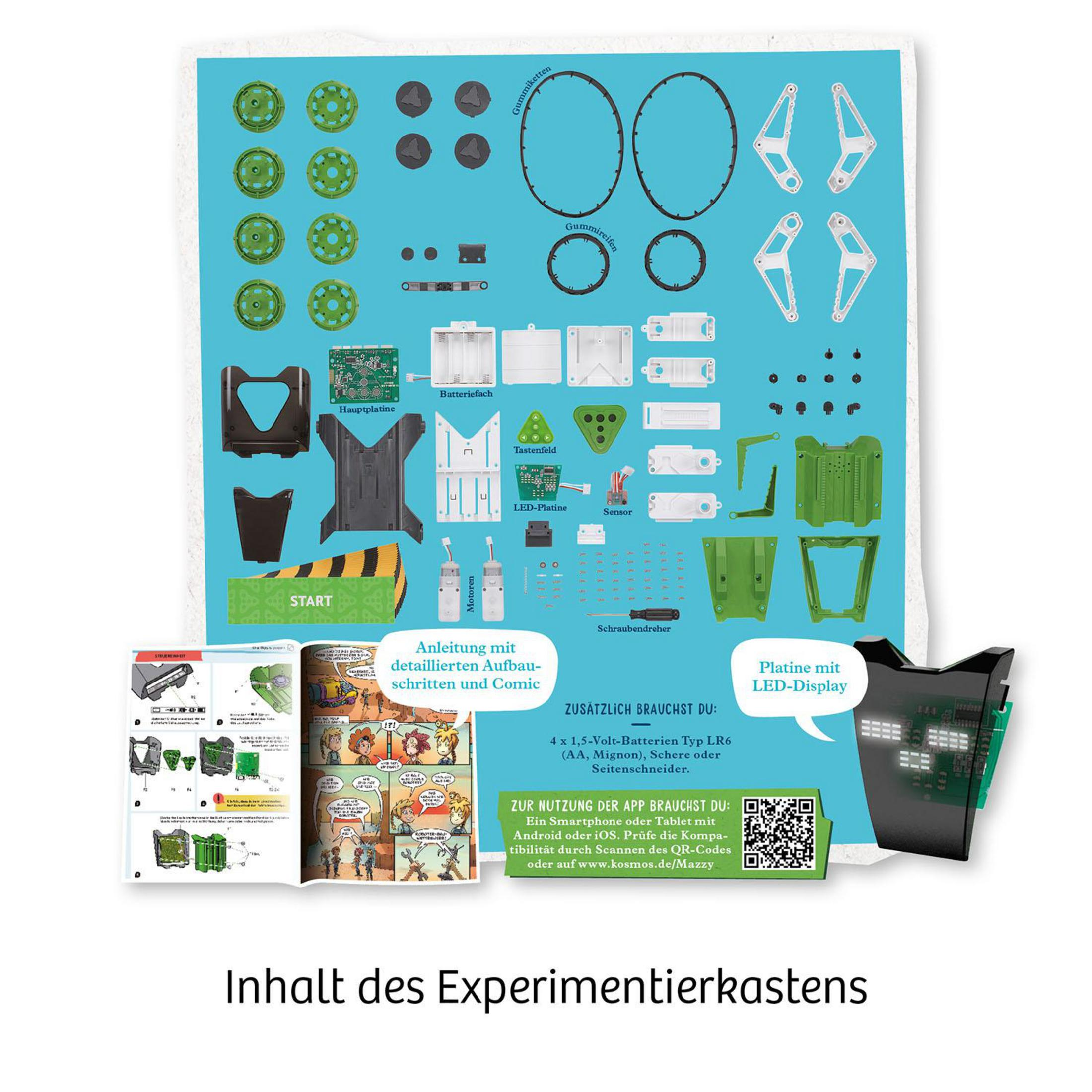 Spielzeug-Kit mit grünen Teilen, Anleitungen und einem Comic über den Bau eines Objekts.