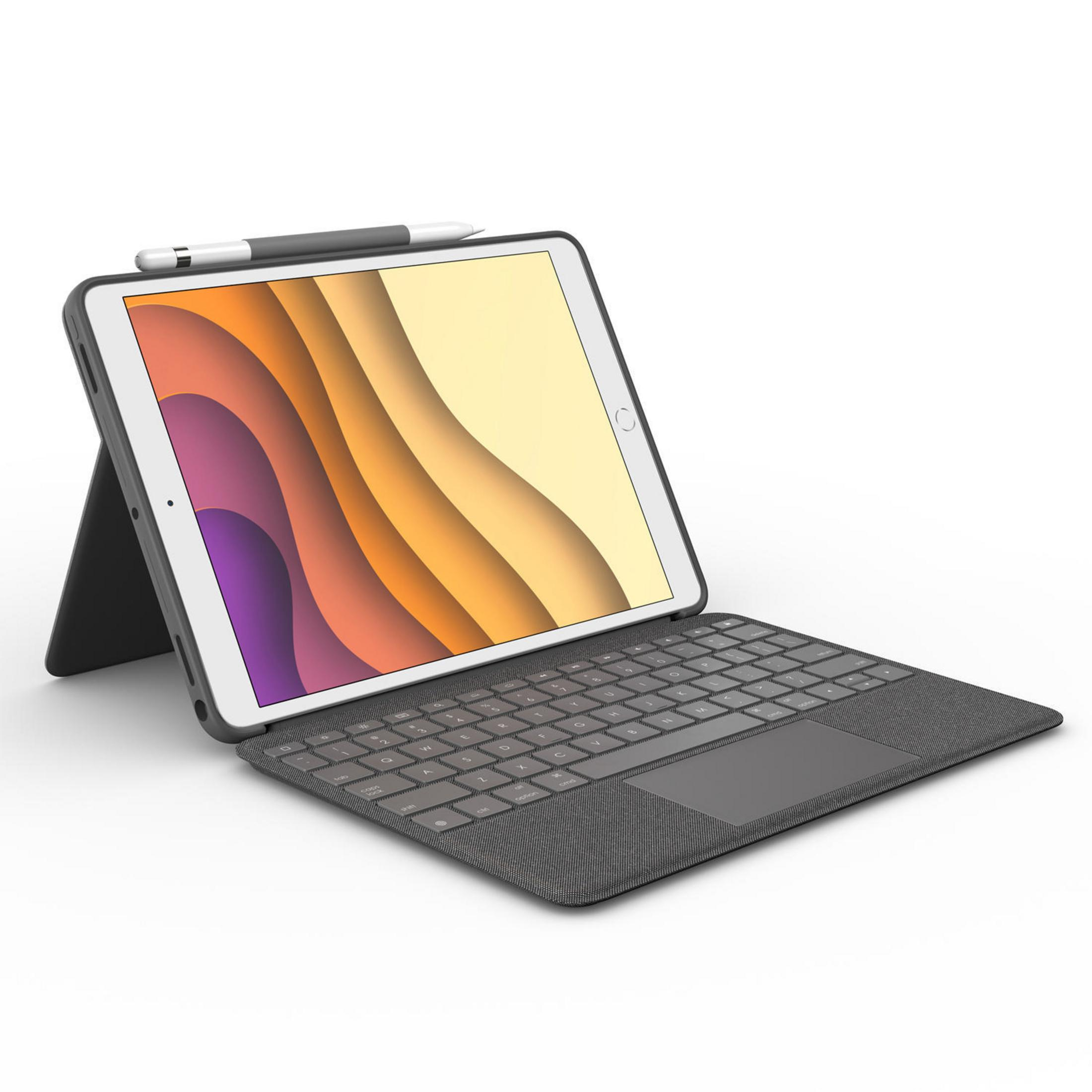 Tablet mit Tastatur und Stift, weißer Hintergrund, zeigt farbenfrohe Kunst.
