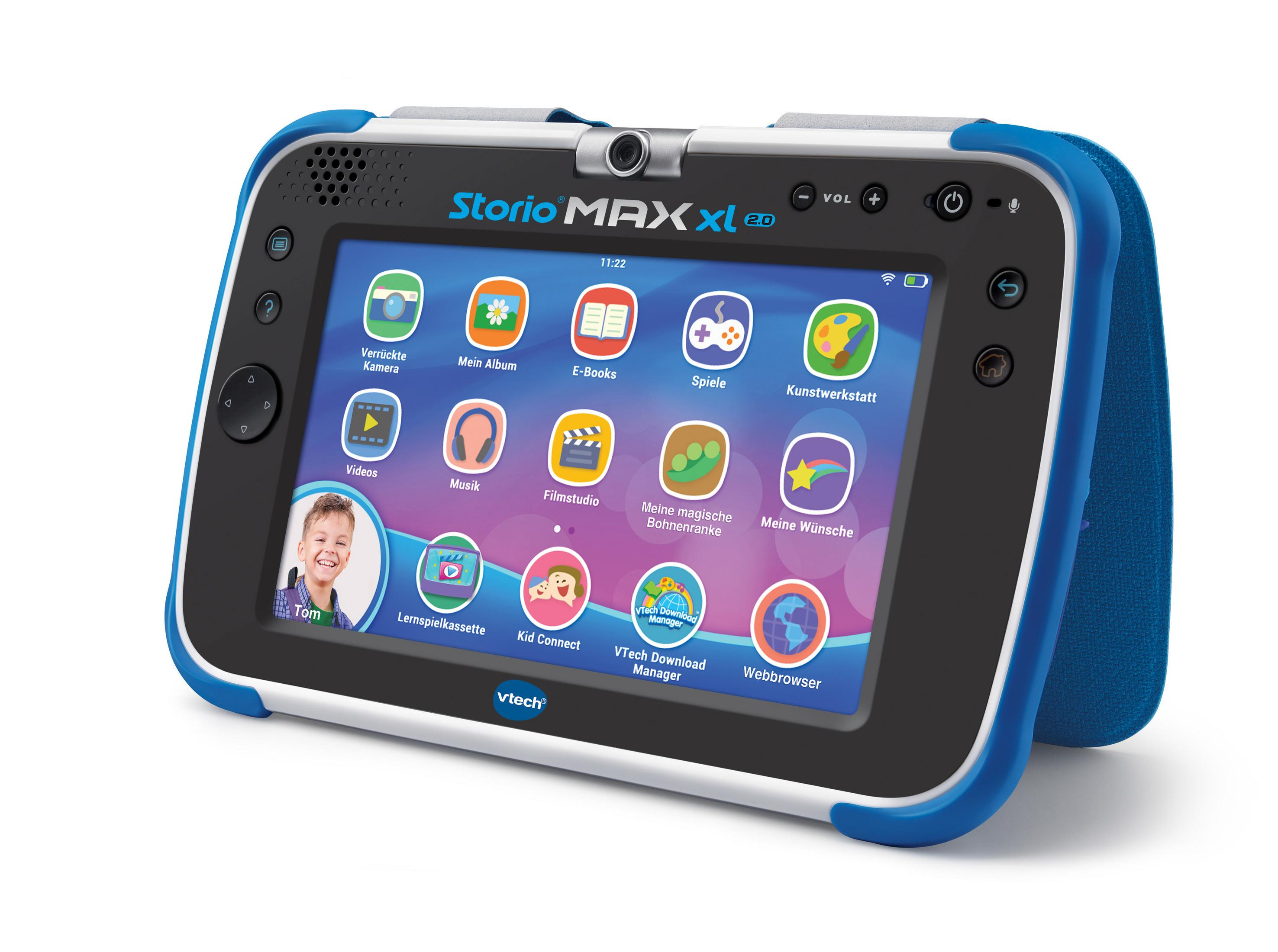 Ein blau-schwarzes VTech Storio MAX XL 2.0 Tablet mit farbenfrohem Bildschirm, auf weißem Grund.