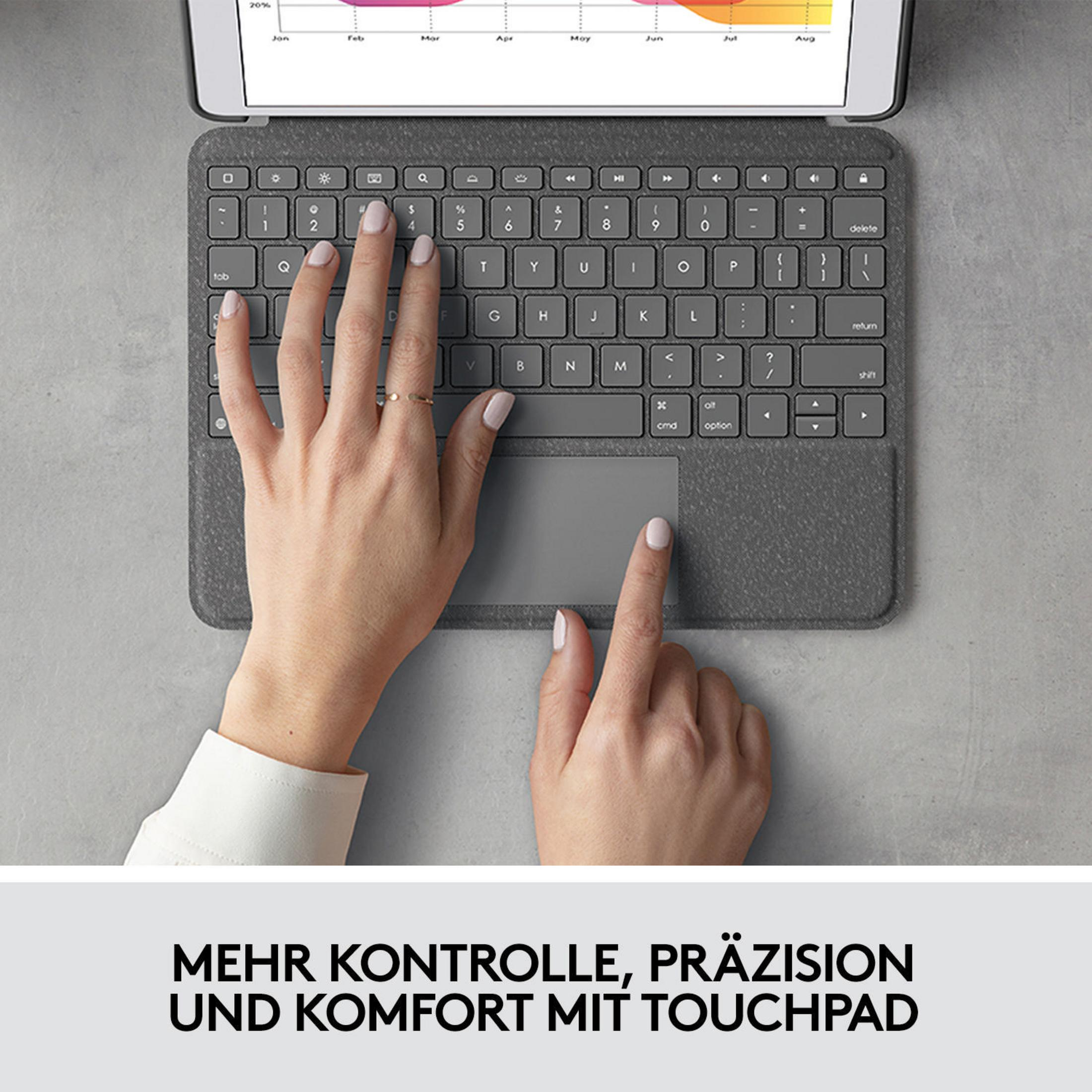 Hände auf einer Tastatur, tippen auf einem Laptop mit Touchpad. Diagramme im HG.