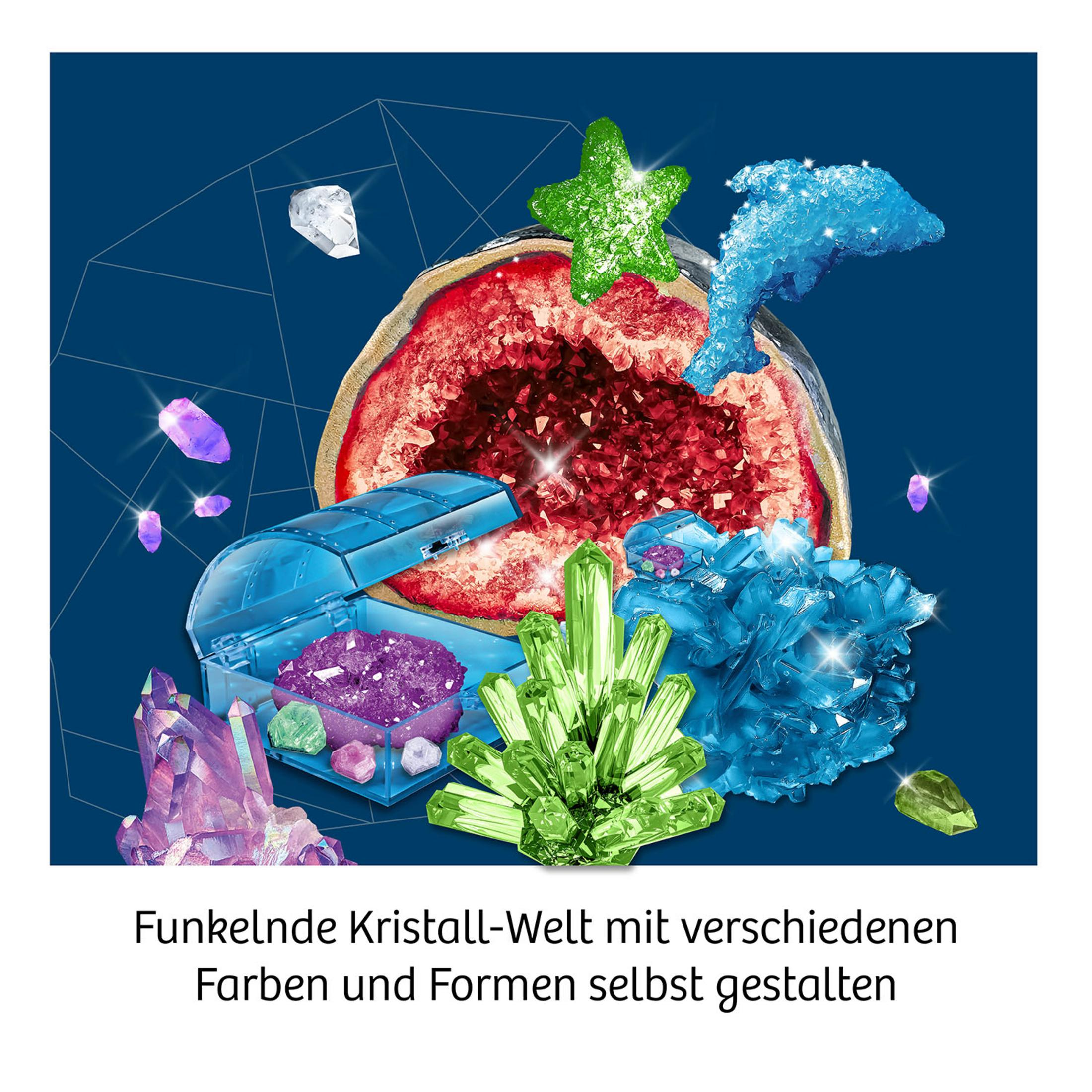 Ein farbenfrohes Kristallzüchtungs-Set mit verschiedenen Kristallformen und -farben auf dunkelblauem Hintergrund.