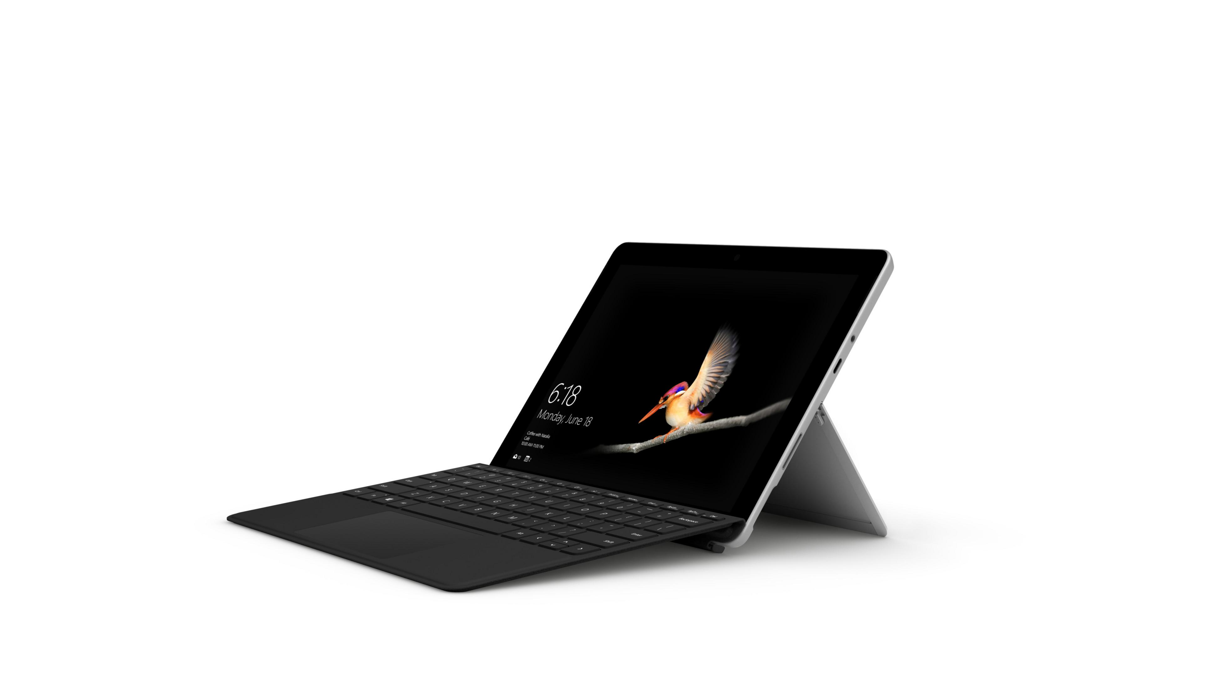 Schwarzer Laptop, offen, auf weißer Oberfläche. Zeigt einen Bildschirm mit Vogel.