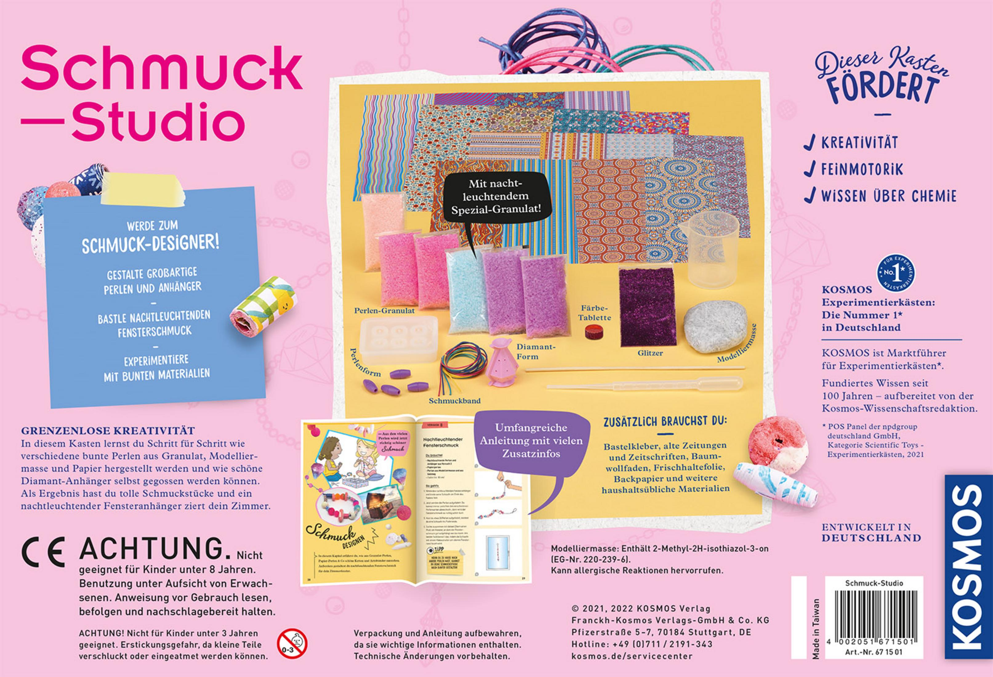 Die Rückseite einer Schmuck-Studio-Kit-Box. Es zeigt Perlen, Glitzer und Anweisungen zur Schmuckherstellung.