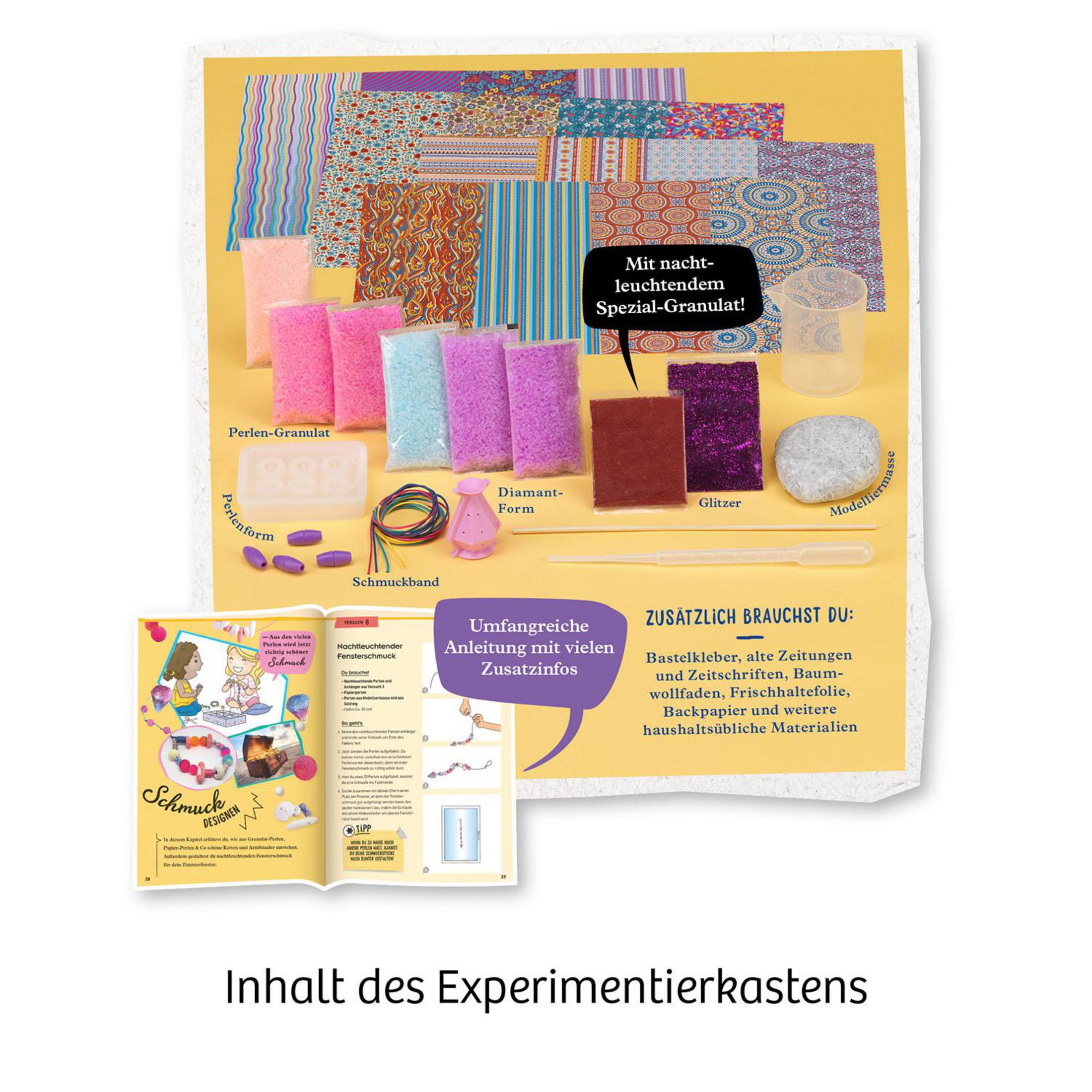 Box-Set mit Materialien zur Schmuckherstellung. Enthält Perlen, Glitzer und Anleitungen.