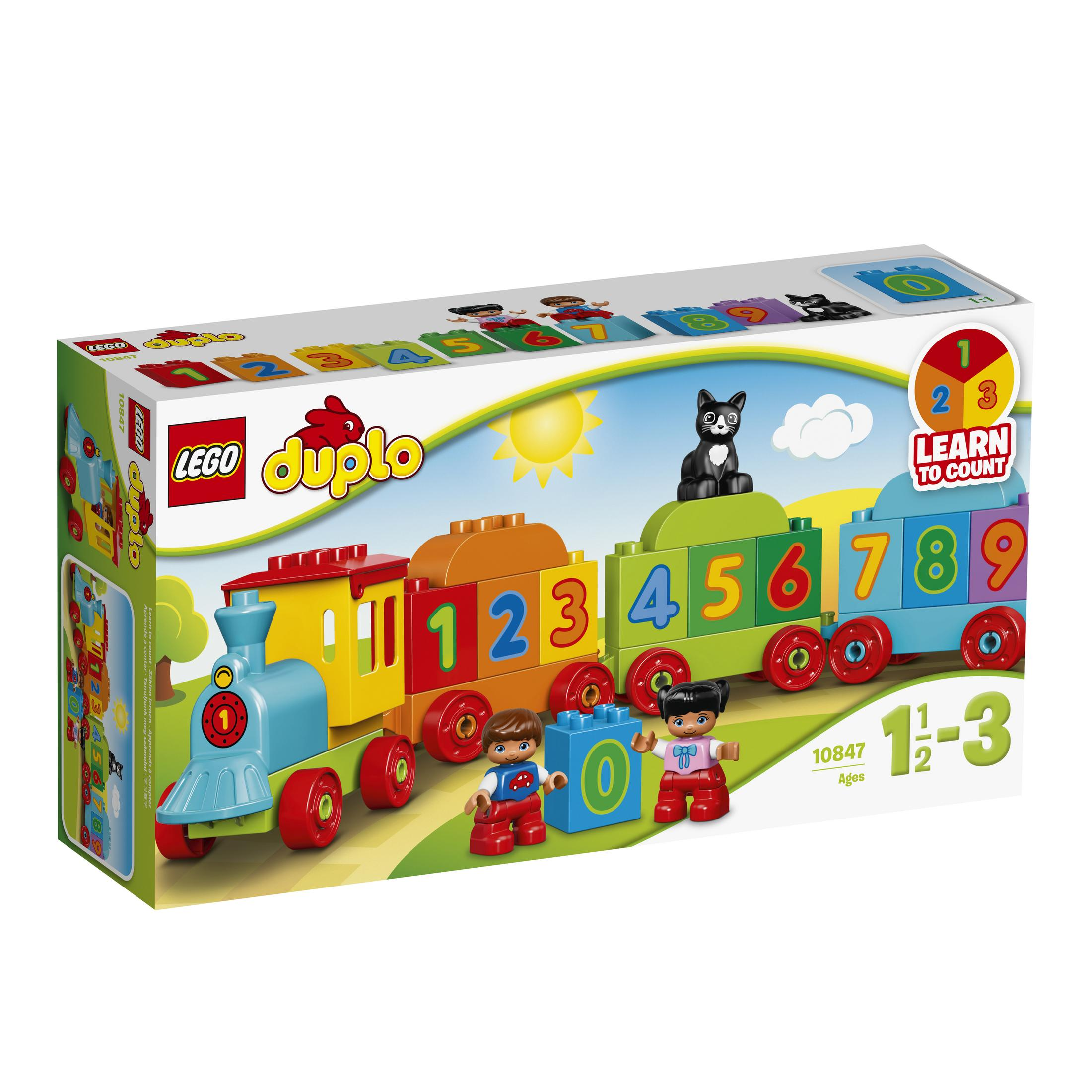 Lego Duplo Zug-Set Box. Enthält einen Zug mit Zahlen, zwei Figuren und eine schwarze Katze.