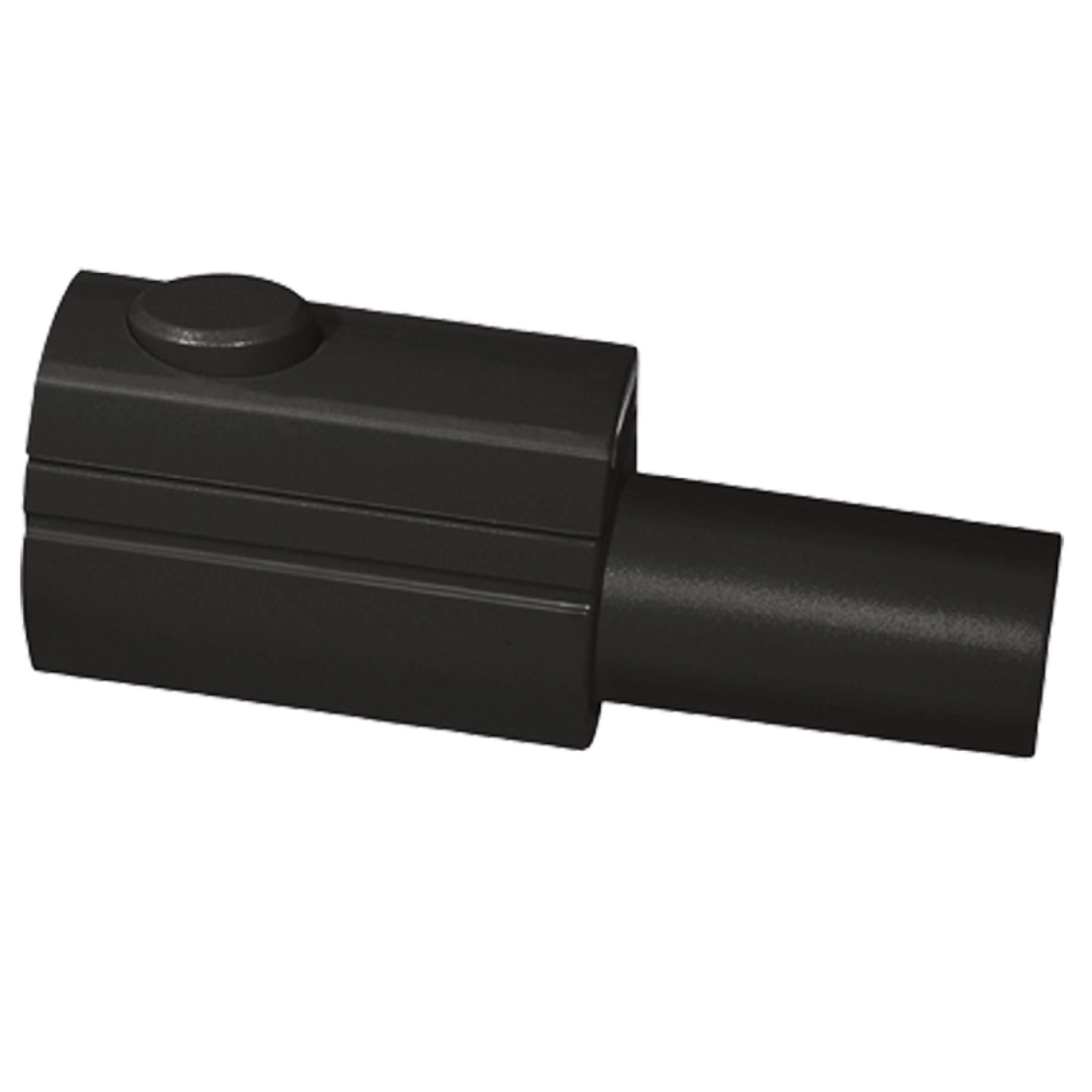 Pieza Lego de plástico negro con pomo. Tiene forma cilíndrica. El fondo es blanco.