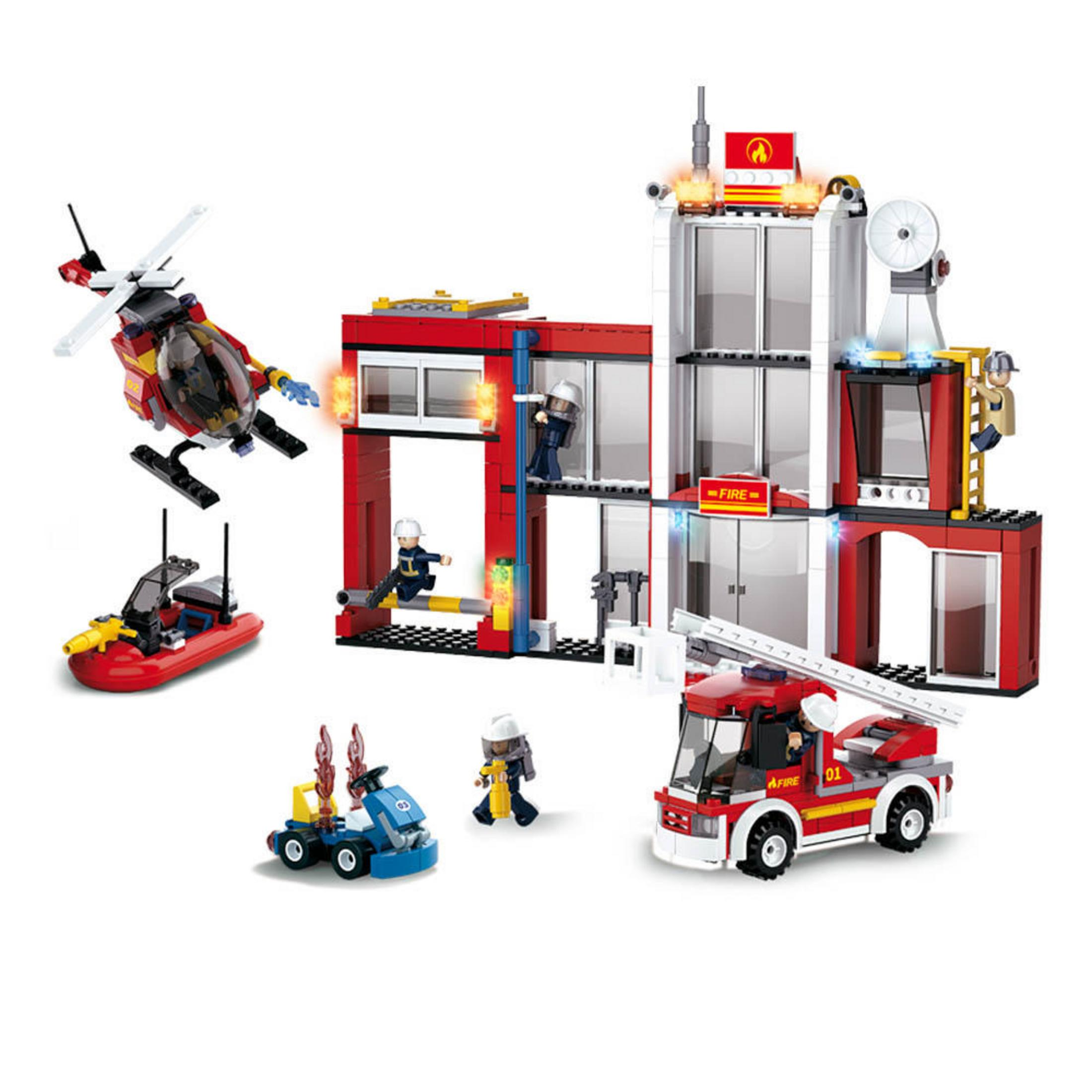 Lego Feuerwachen-Set mit Hubschrauber, Feuerwehrauto, Rettungsboot und Feuerwehrleuten.