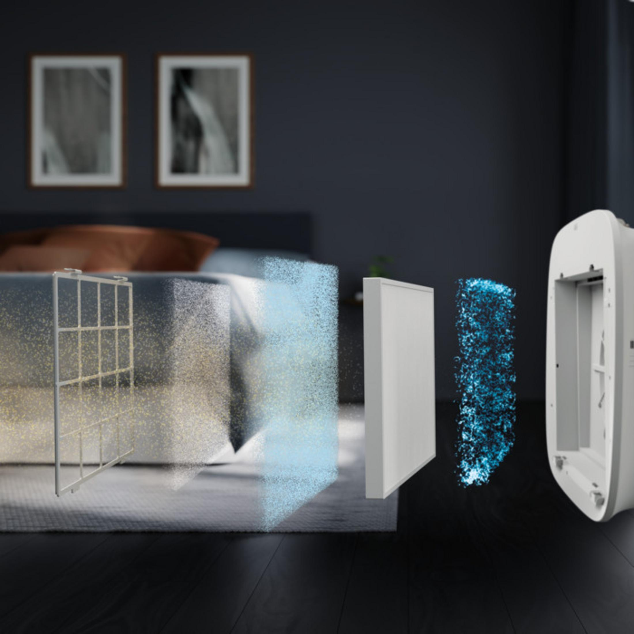Un purificador de aire con filtro y componentes aislados en un dormitorio.