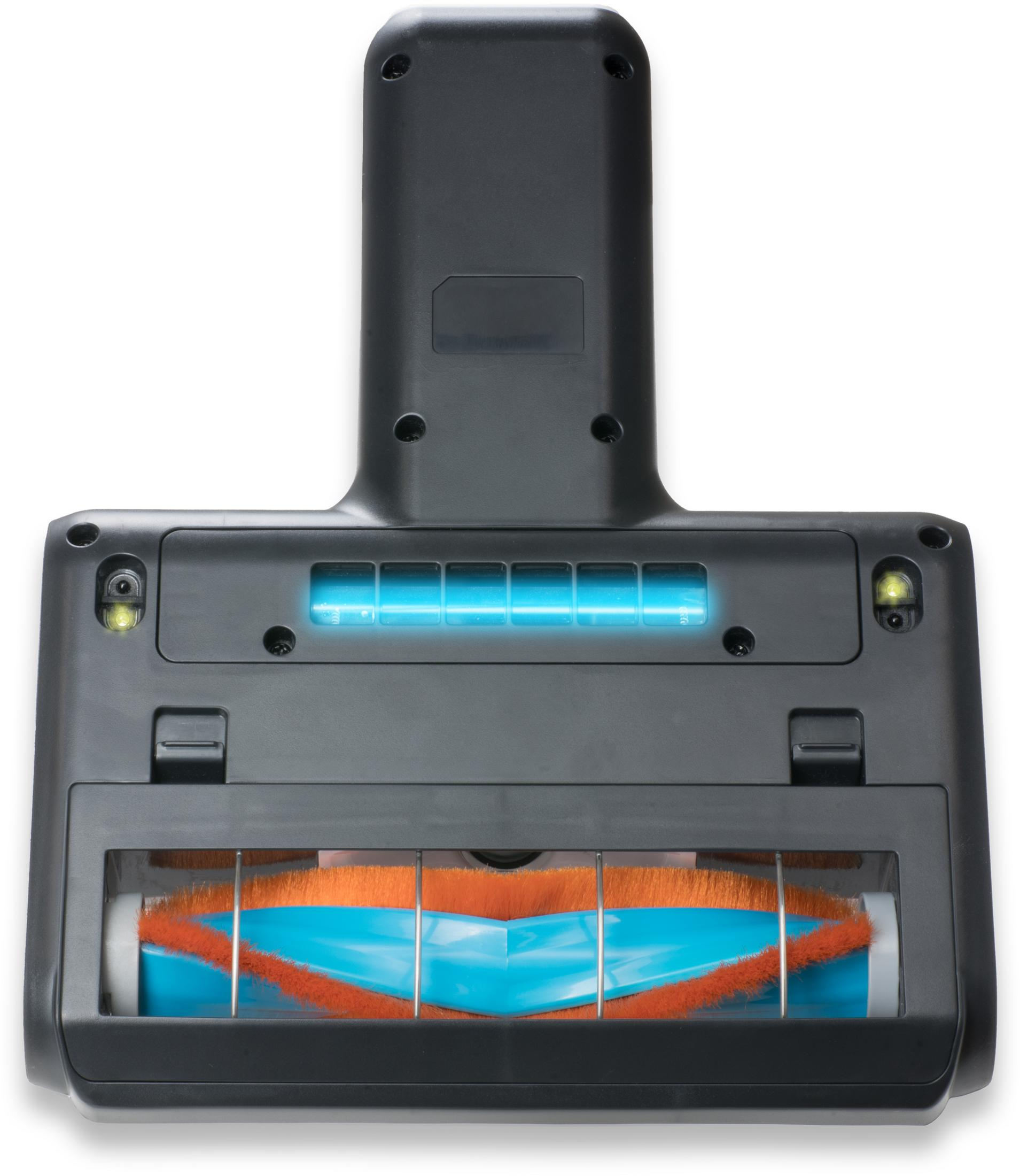 Der Boden eines schwarzen Staubsaugerkopfes mit einer orangefarbenen und blauen Walzenbürste sichtbar.