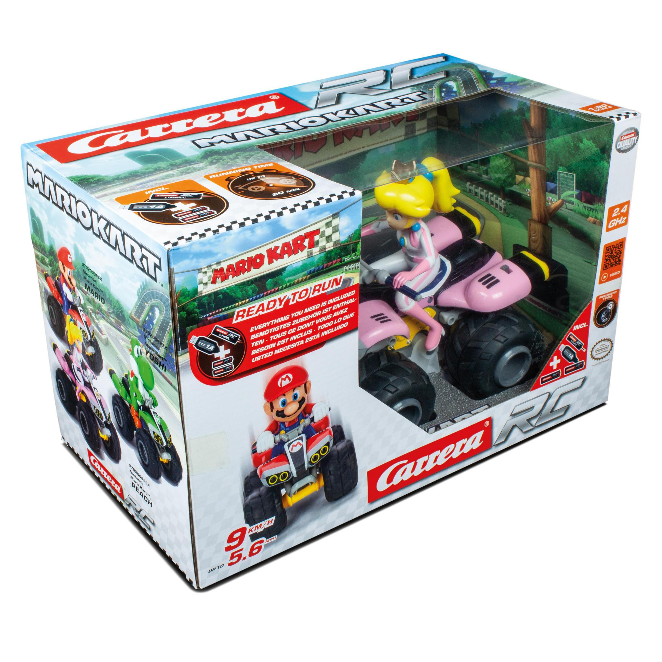 Ein Spielzeug-Mario-Kart-Auto auf einer Box. Das Auto ist rosa, und die Box zeigt andere Autos.
