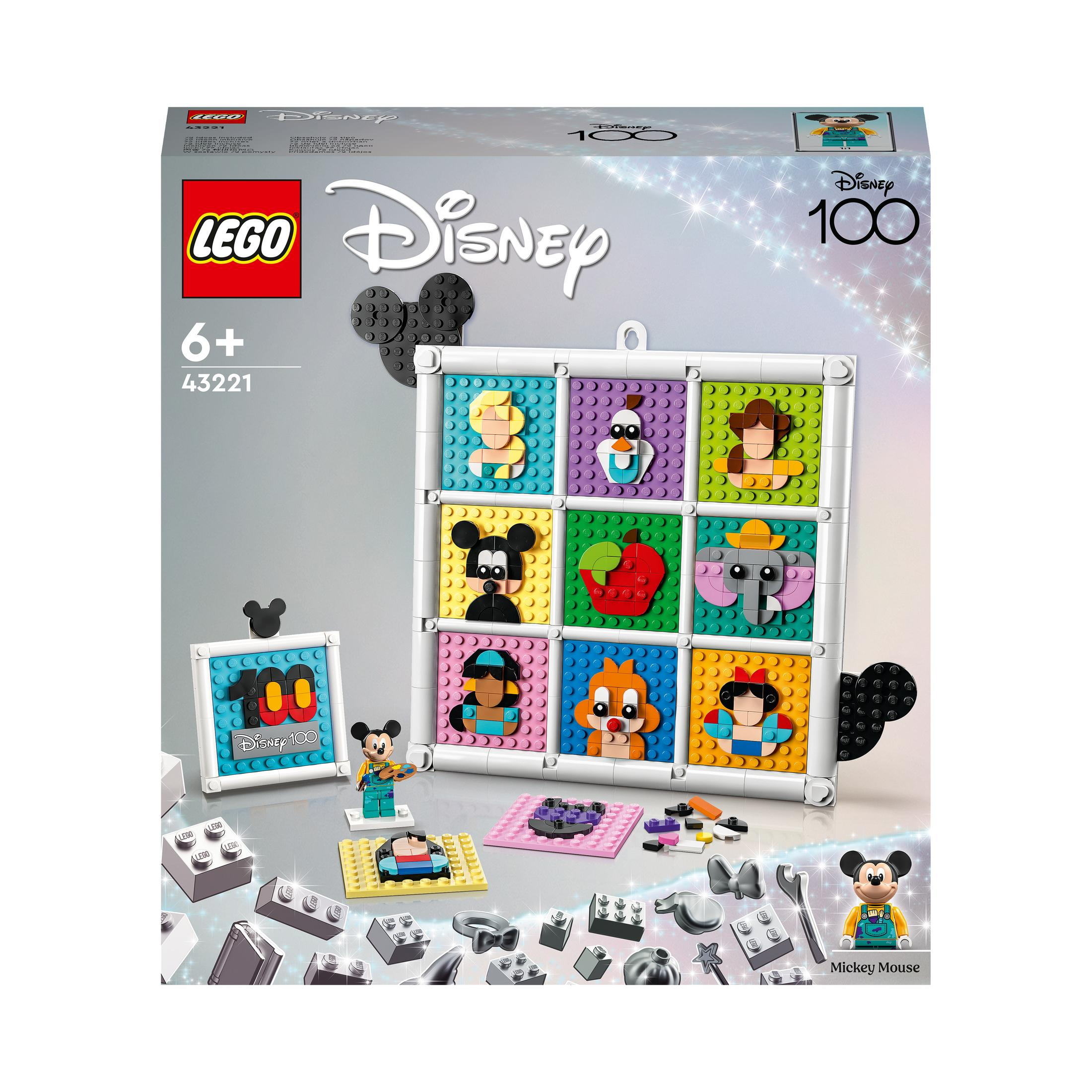 Zestaw LEGO Disney 100 z kafelkami postaci, figurką Myszki Miki i klockami.