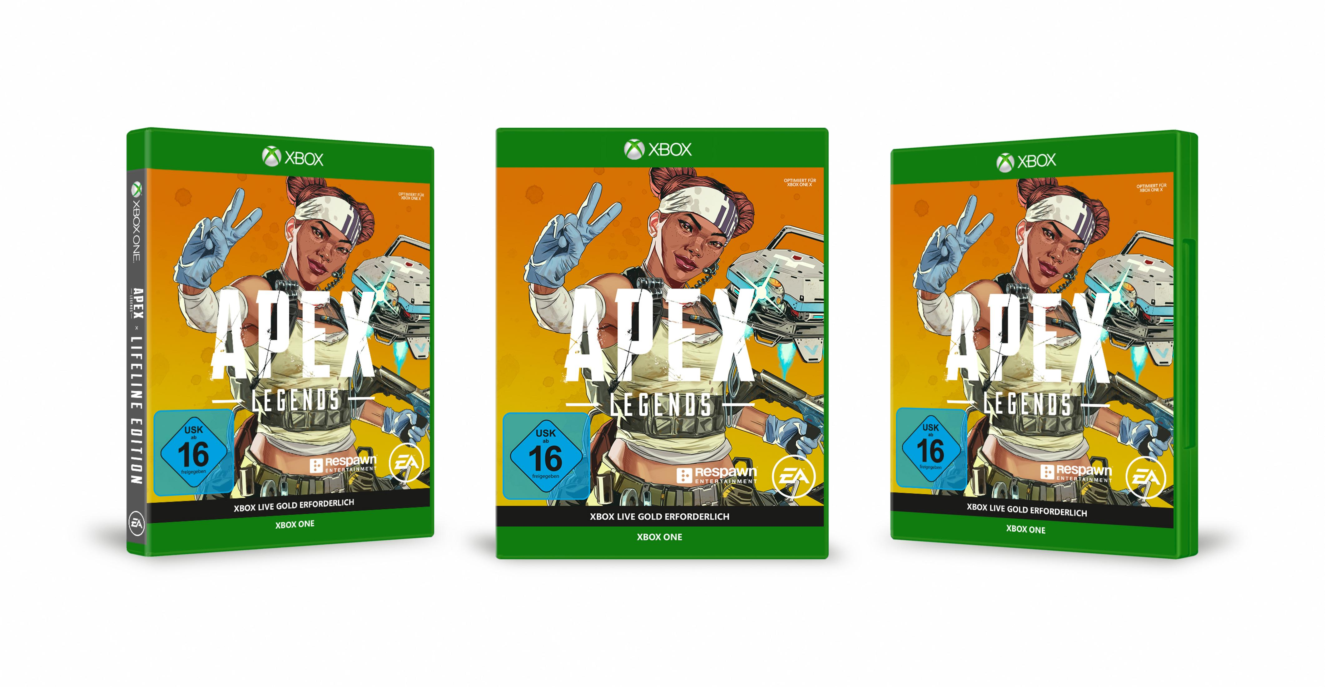 Drei Apex Legends-Spielboxen. Jede zeigt einen Charakter mit Pose und dem Spieletitel.