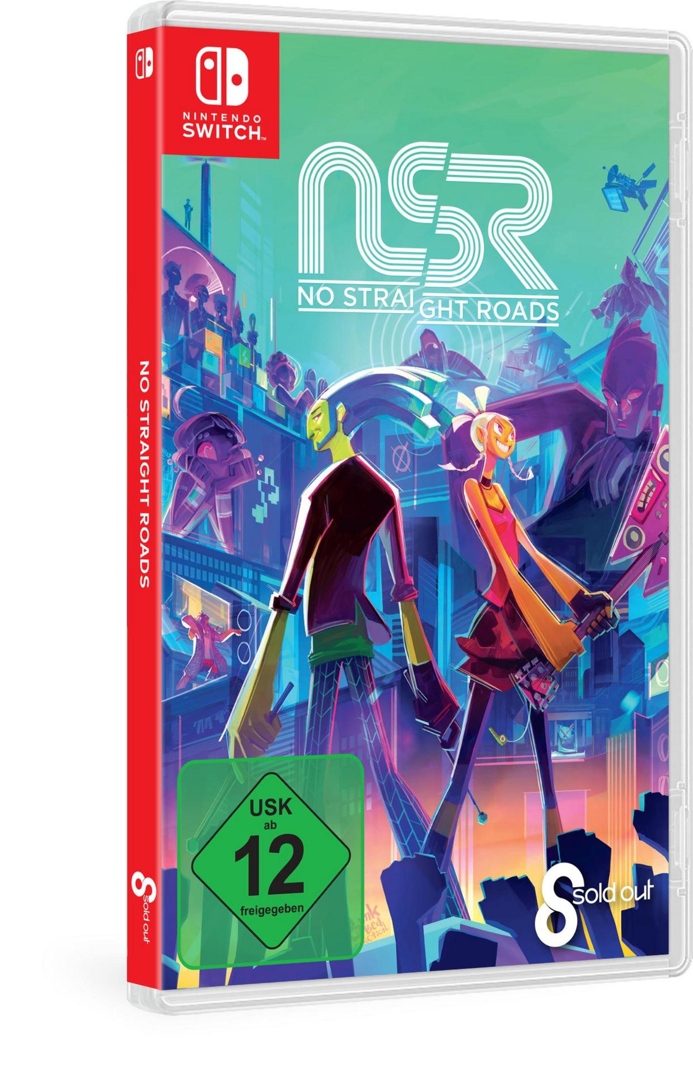 Nintendo Switch Spielbox, 'No Straight Roads', mit Anime-Charakteren und auffälliger Grafik.