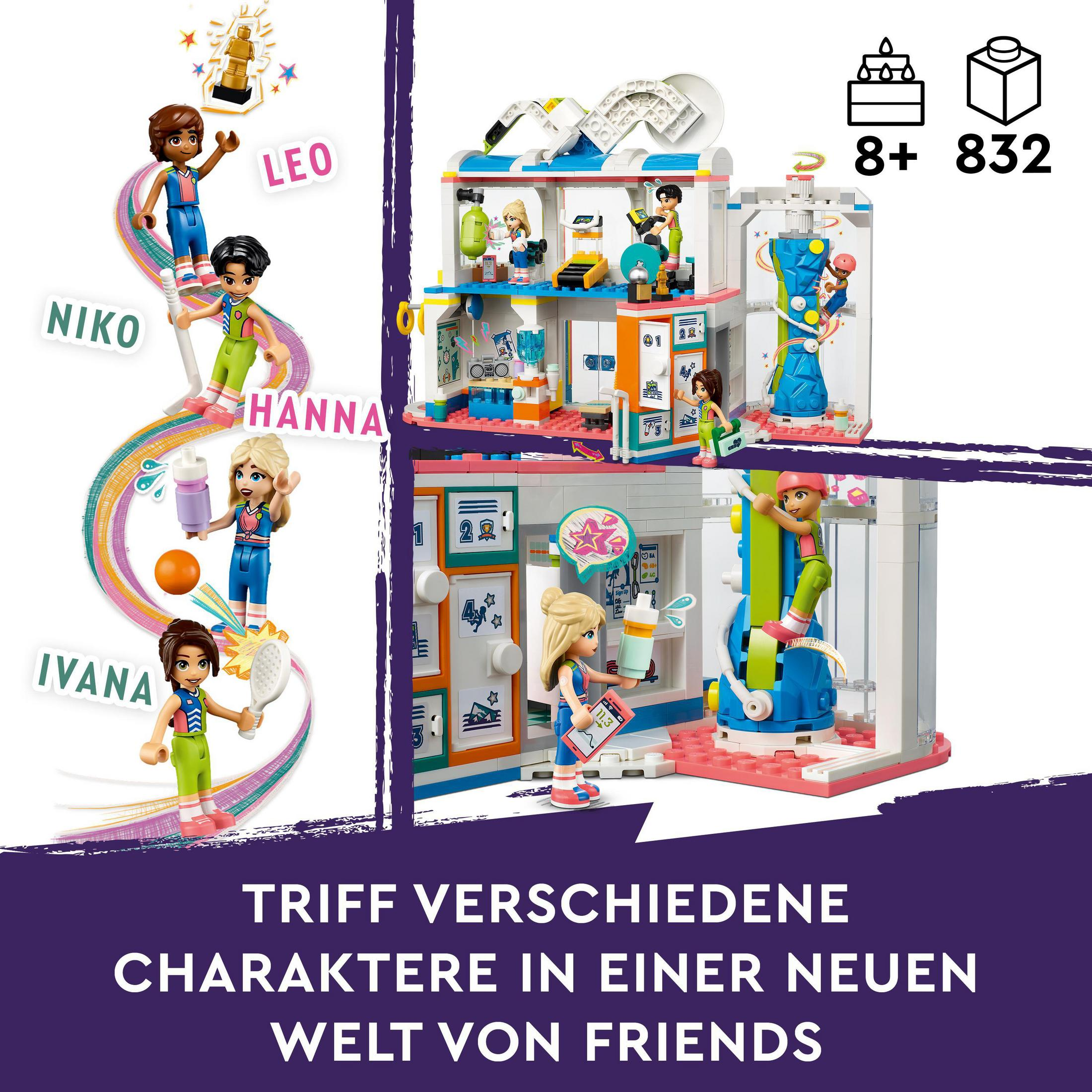 Zestaw Lego Friends. Figurki dziewczyn wokół budynku ze ścianką wspinaczkową, siłownią i pokojami.