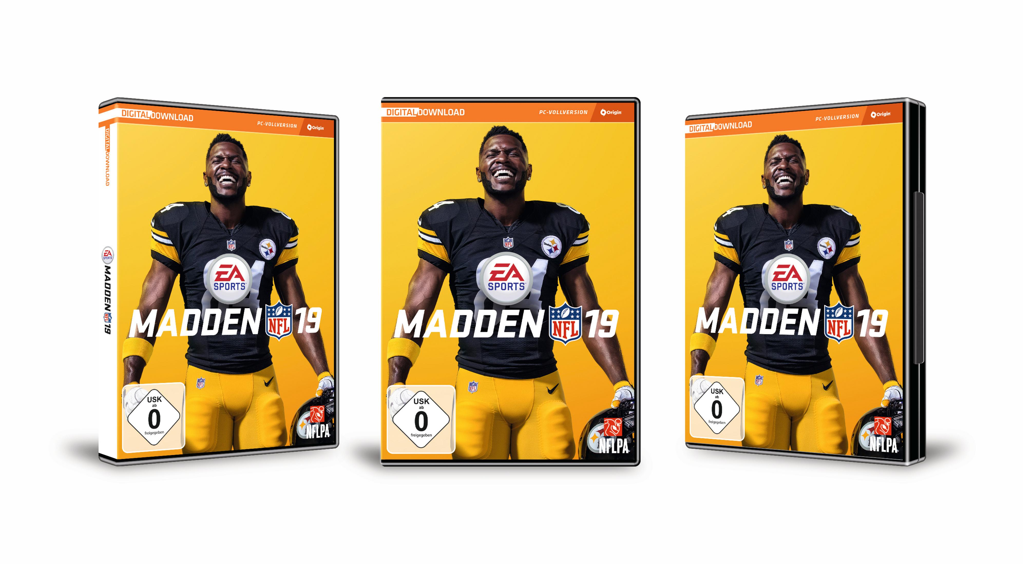 Madden NFL 19 Spielbox-Art. Zeigt einen Spieler im Steelers-Trikot auf gelbem Grund.