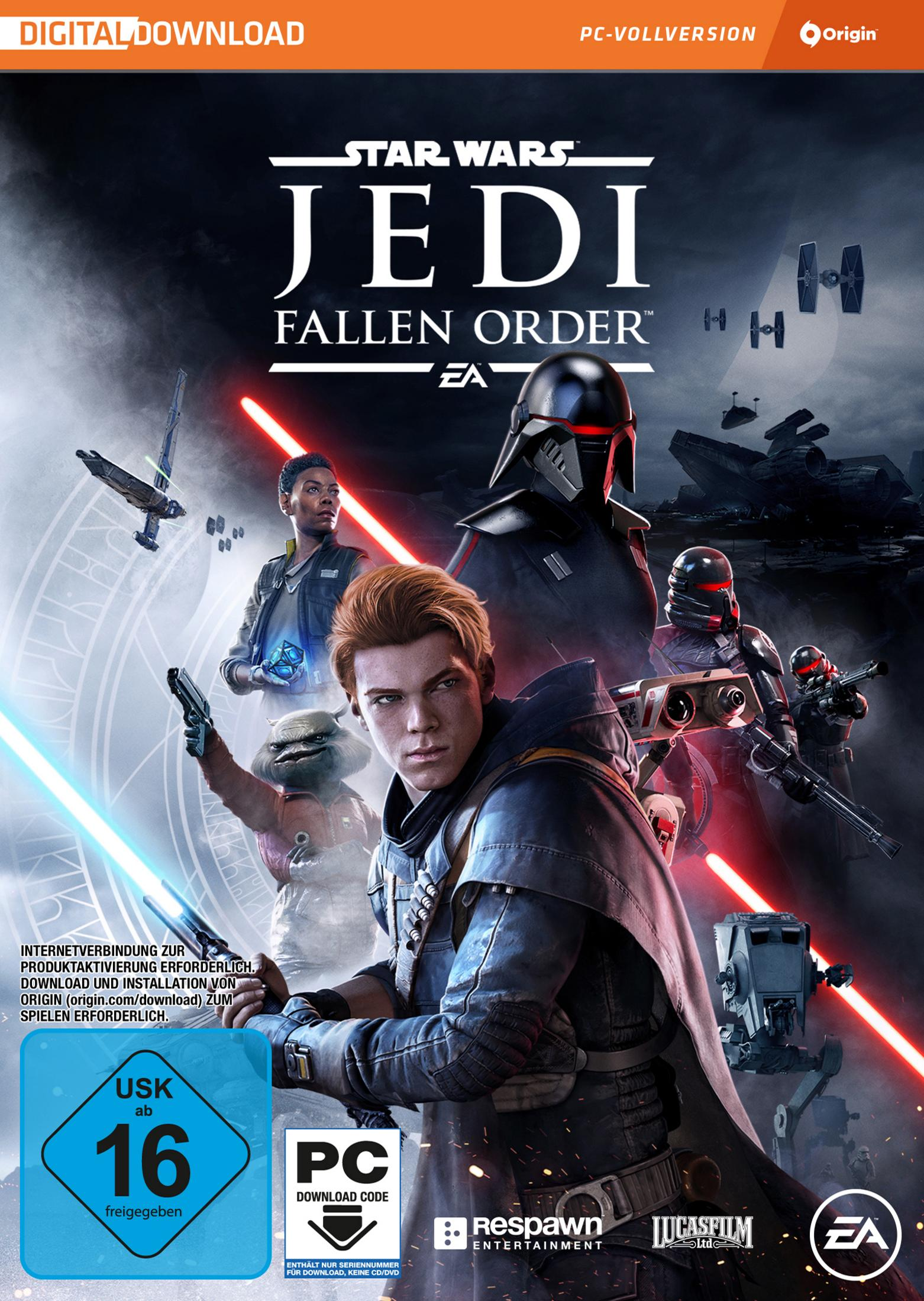 Okładka gry Star Wars Jedi: Fallen Order. Postacie na pierwszym planie, szturmowcy w tle.