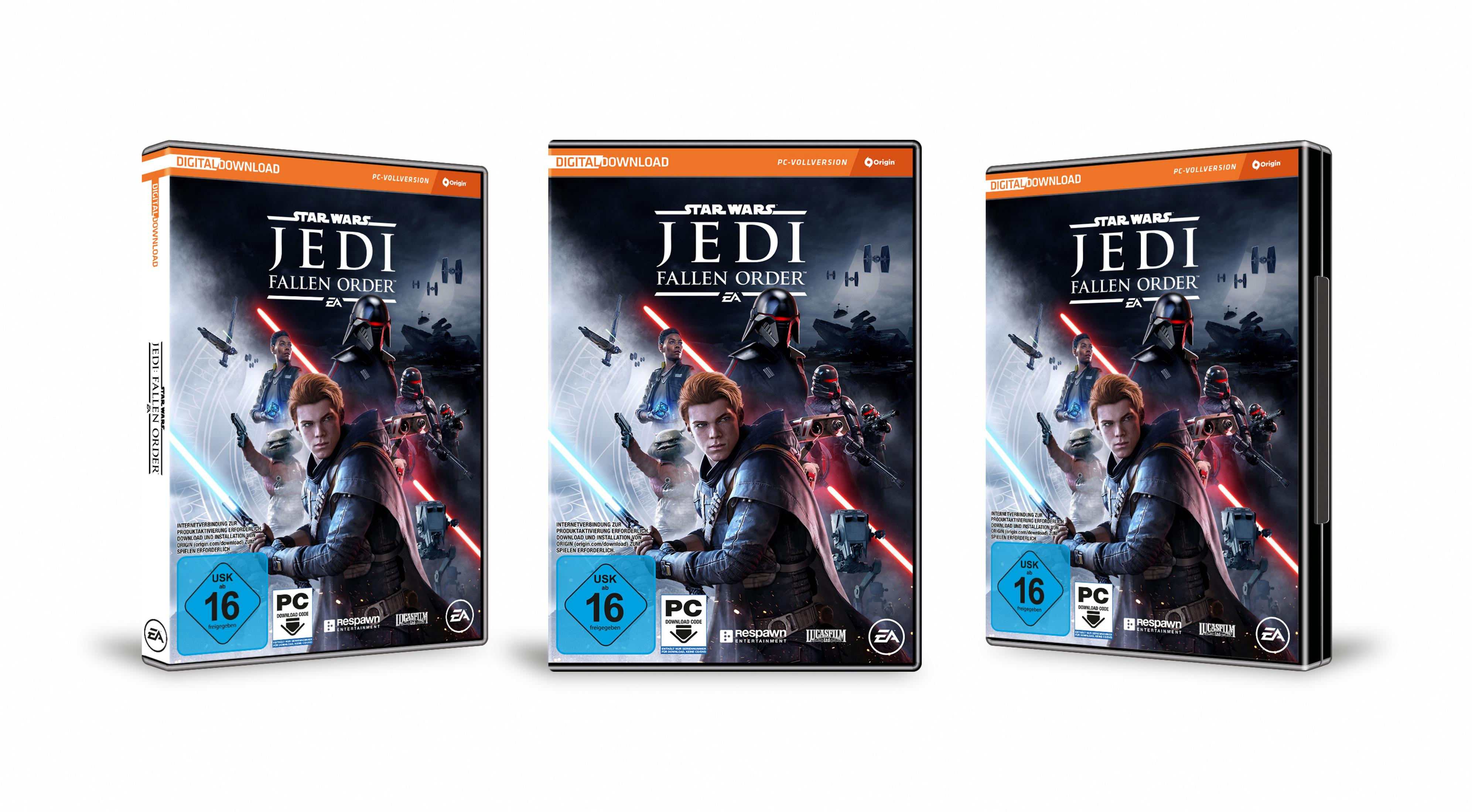 Trzy pudełka z grą Star Wars Jedi: Fallen Order z okładką gry. Białe tło.