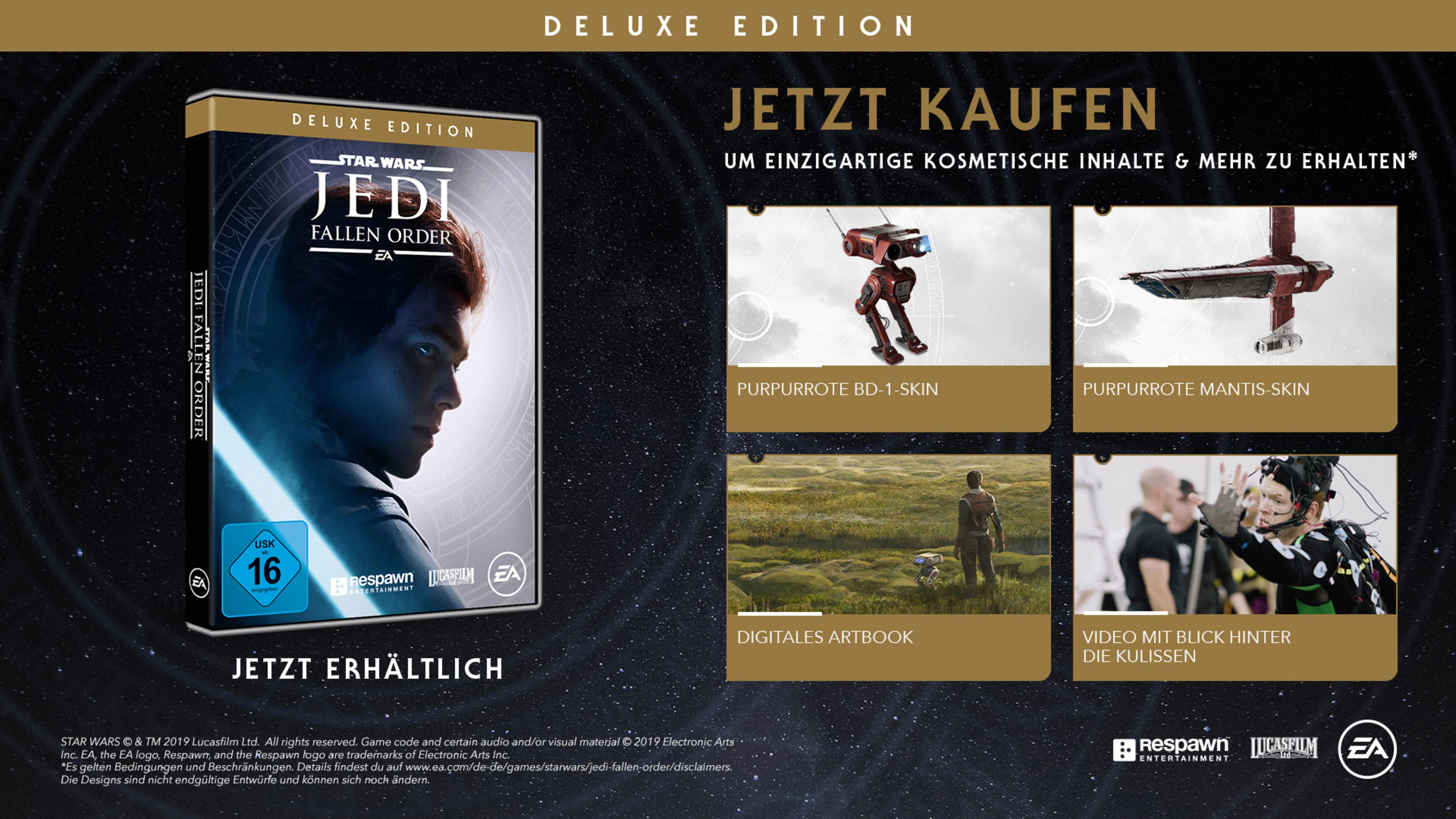 Pudełko z grą Star Wars Jedi: Fallen Order Deluxe Edition ze szczegółami i dodatkami.