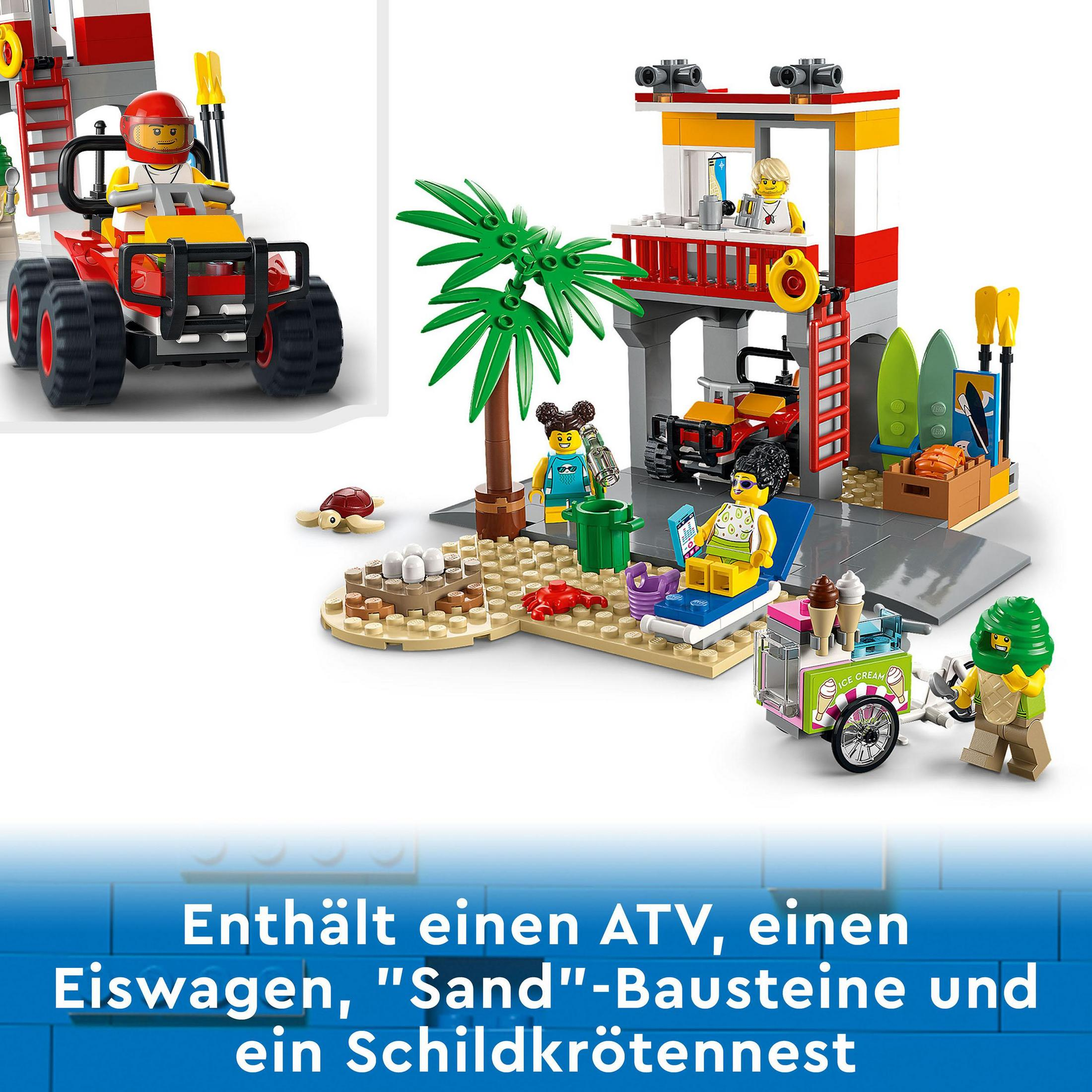Eine Lego-Strandszene mit Rettungsschwimmerstation, Eiswagen und verschiedenen Minifiguren.