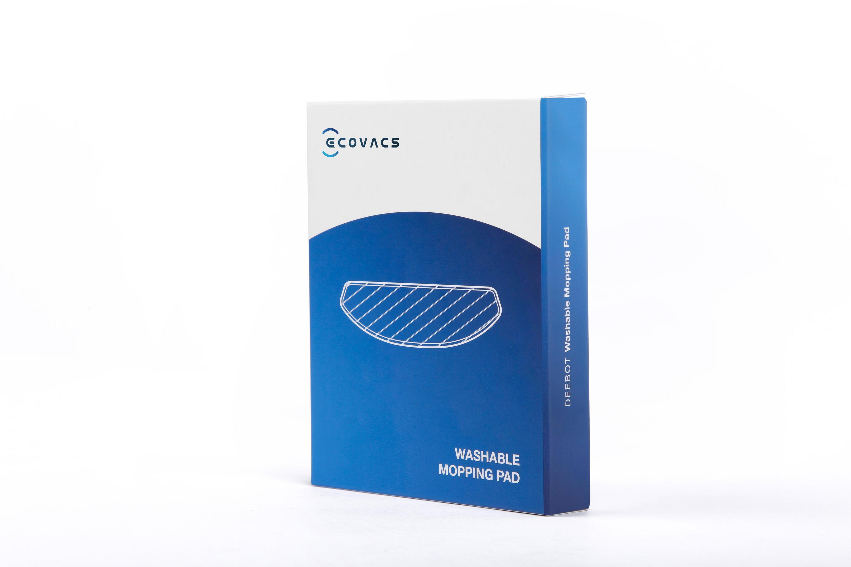 Eine weiße und blaue Schachtel mit ECOVACS DEEBOT Washable Moping Pads, auf weißem Hintergrund.