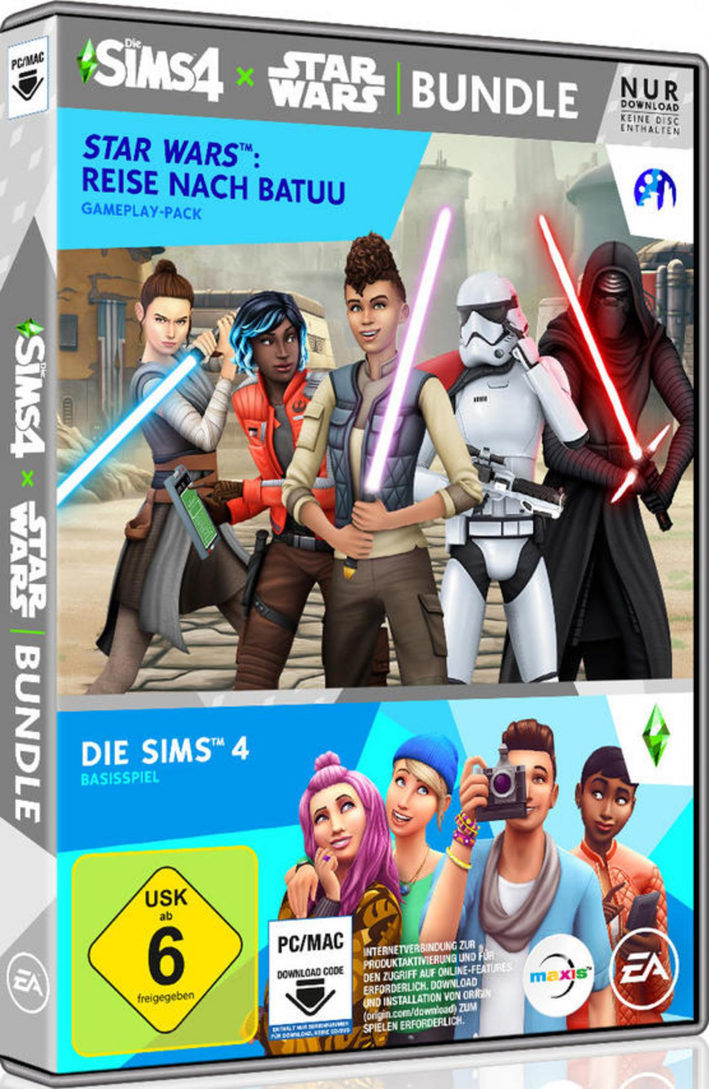 Die Sims 4 Star Wars Spielbox zeigt Charakterbilder und Spieldetails.