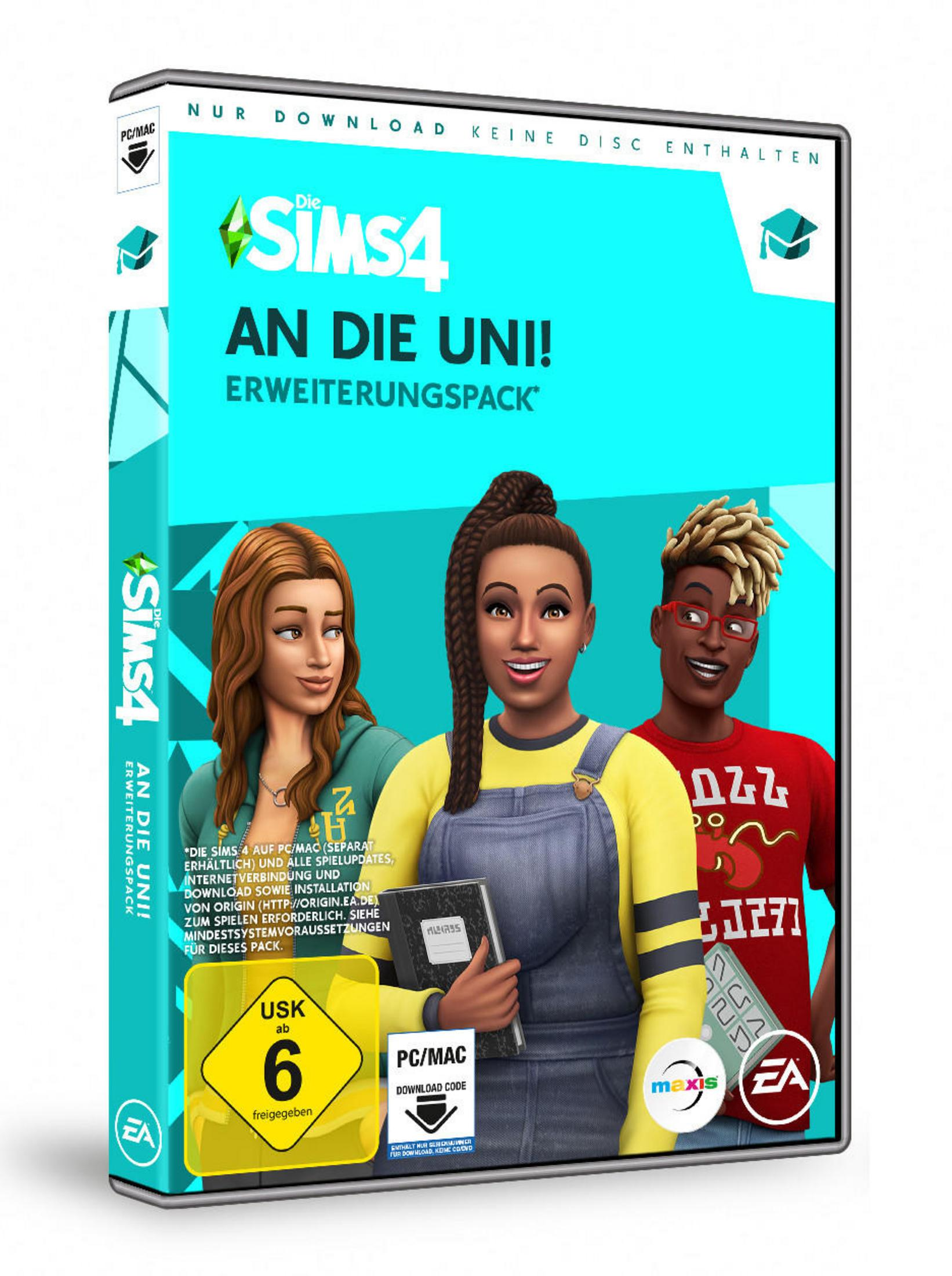 Eine Videospielbox für Die Sims 4, mit drei Charakteren auf der Vorderseite. Der Titel ist auf Deutsch.