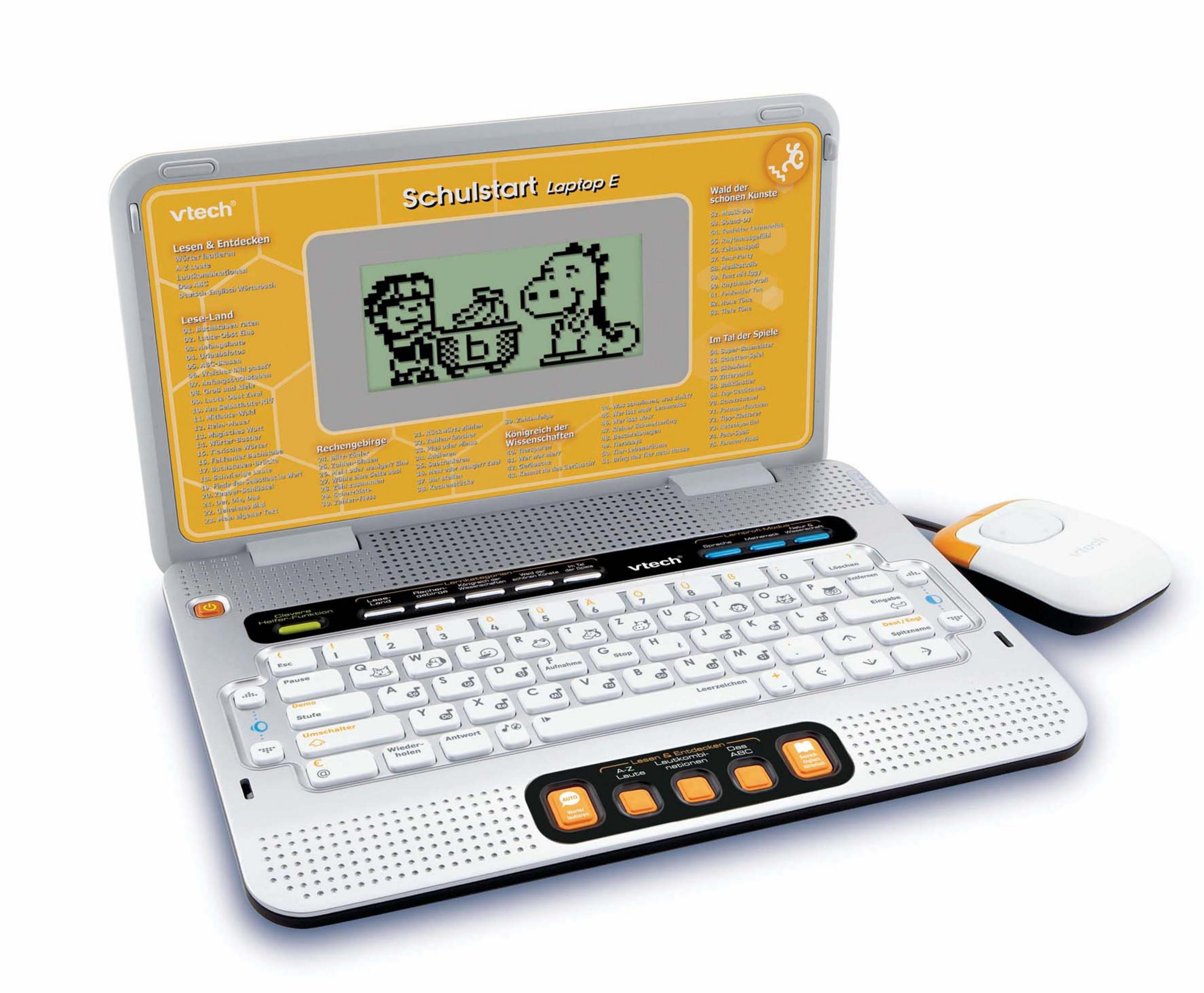 Ein VTech Kinderlaptop mit einem Bildschirm, der einen Cartoon zeigt. Er hat eine Tastatur und eine Maus.