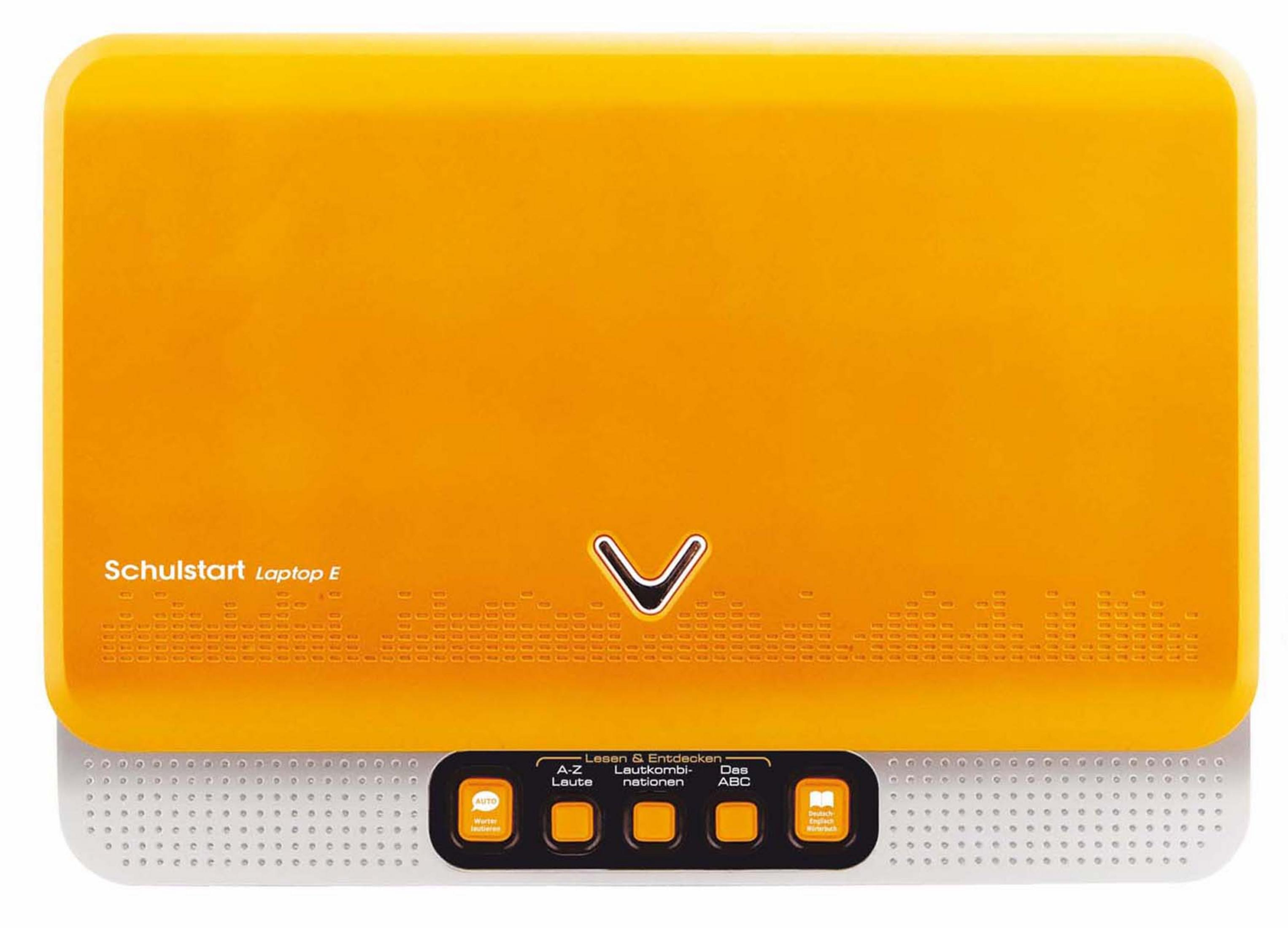 Ein orangefarbener Laptop mit weißer Basis. Er hat Knöpfe und eine Oberfläche auf der Vorderseite.