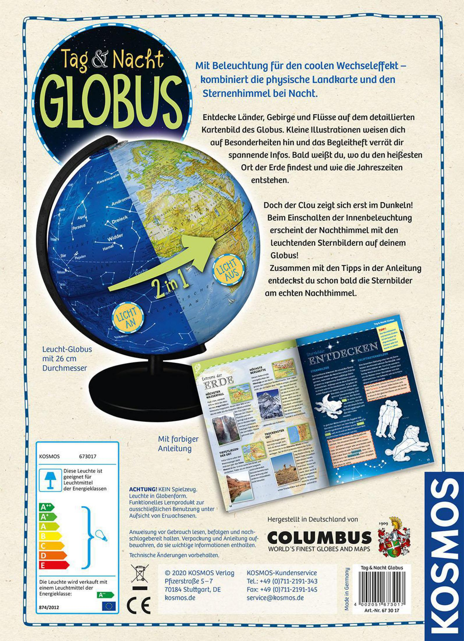 Globus mit Tag- und Nachtbeleuchtung, mit Karte und Anweisungen auf der Rückseite.