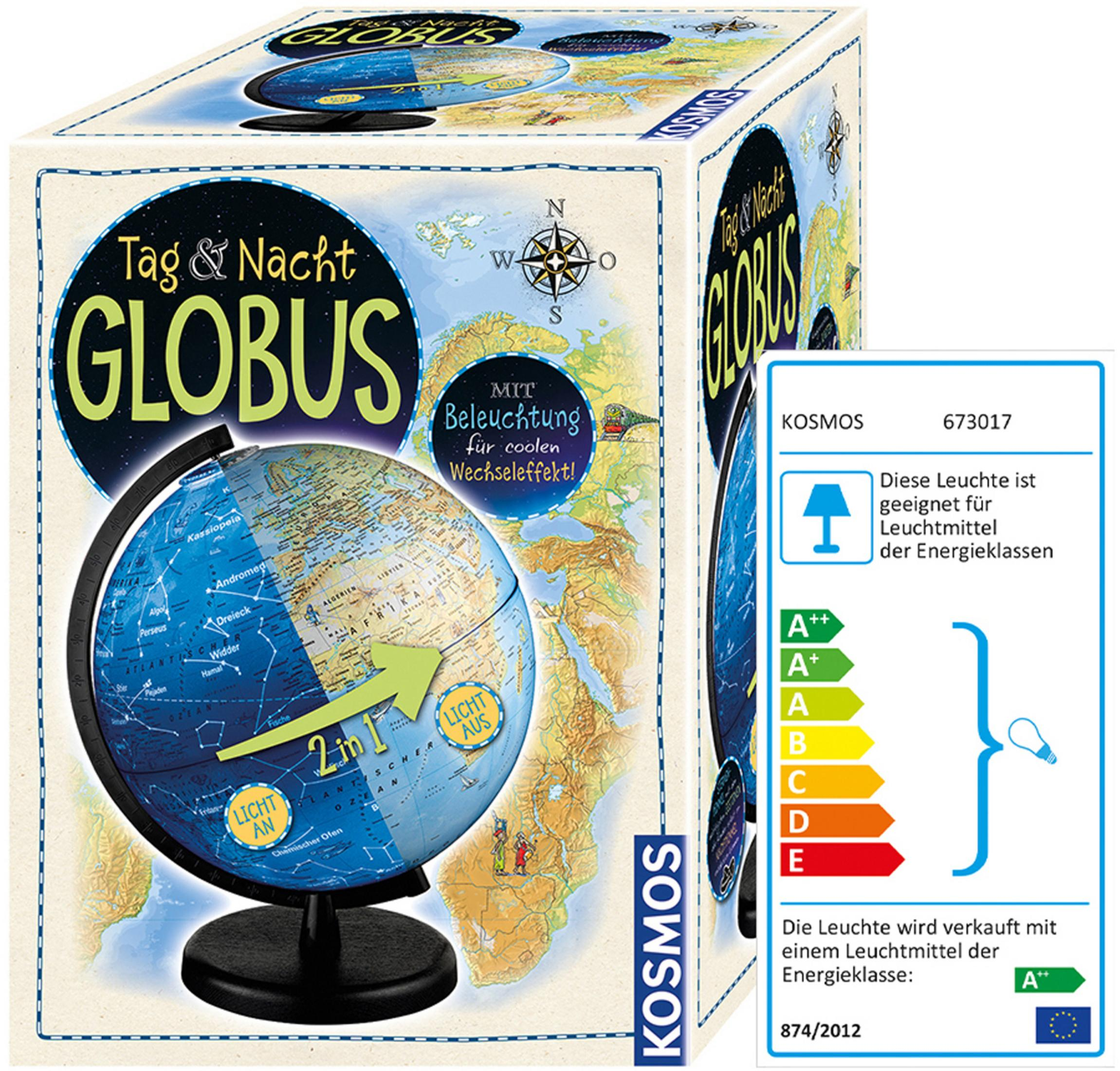 Verpacktes Globusspielzeug mit Leuchtfunktion. Enthält ein Energieeffizienzlabel.