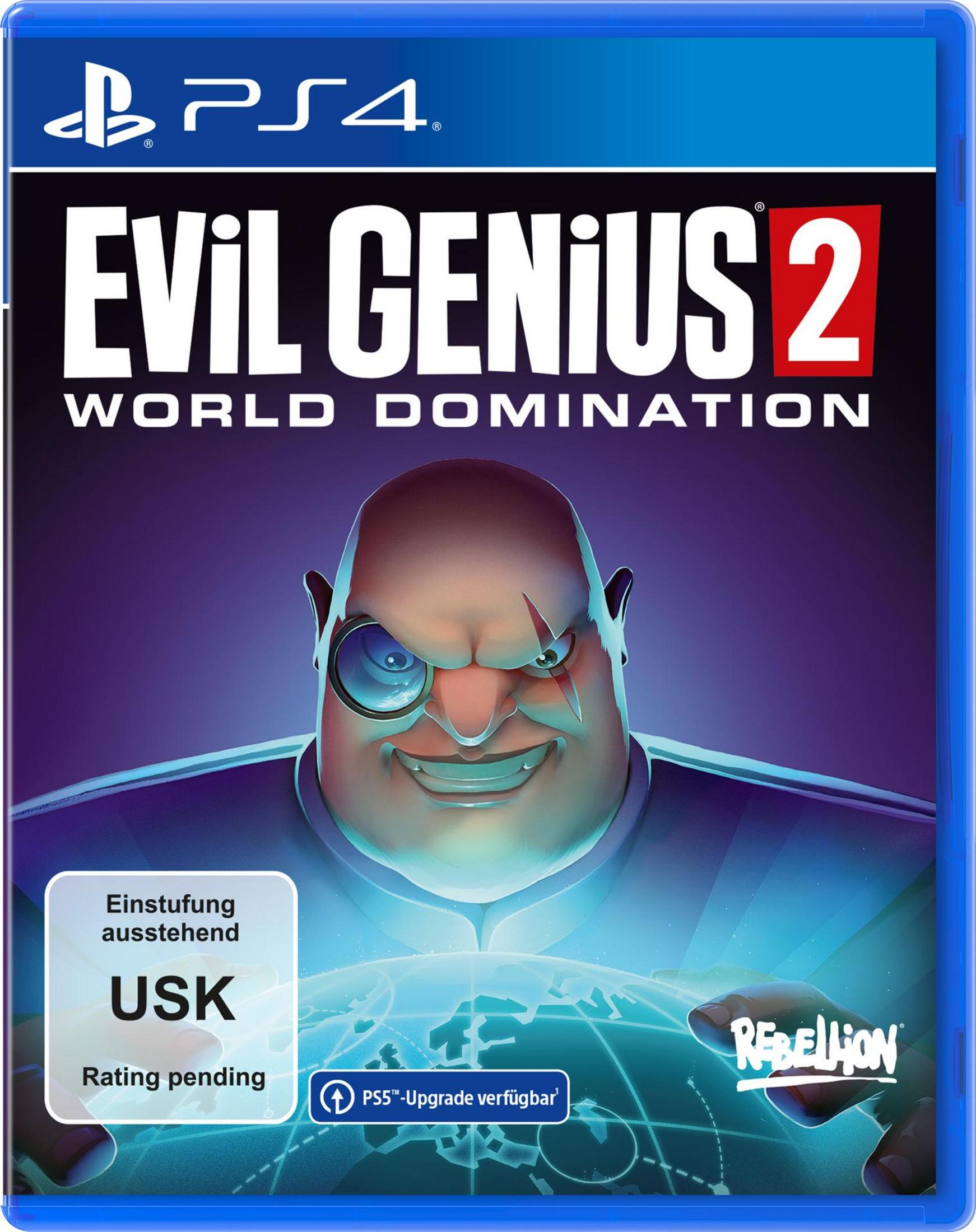 Copertina del gioco Evil Genius 2: World Domination per PS4. Presenta un cattivo dei cartoni animati con un globo, il logo del gioco è in alto.
