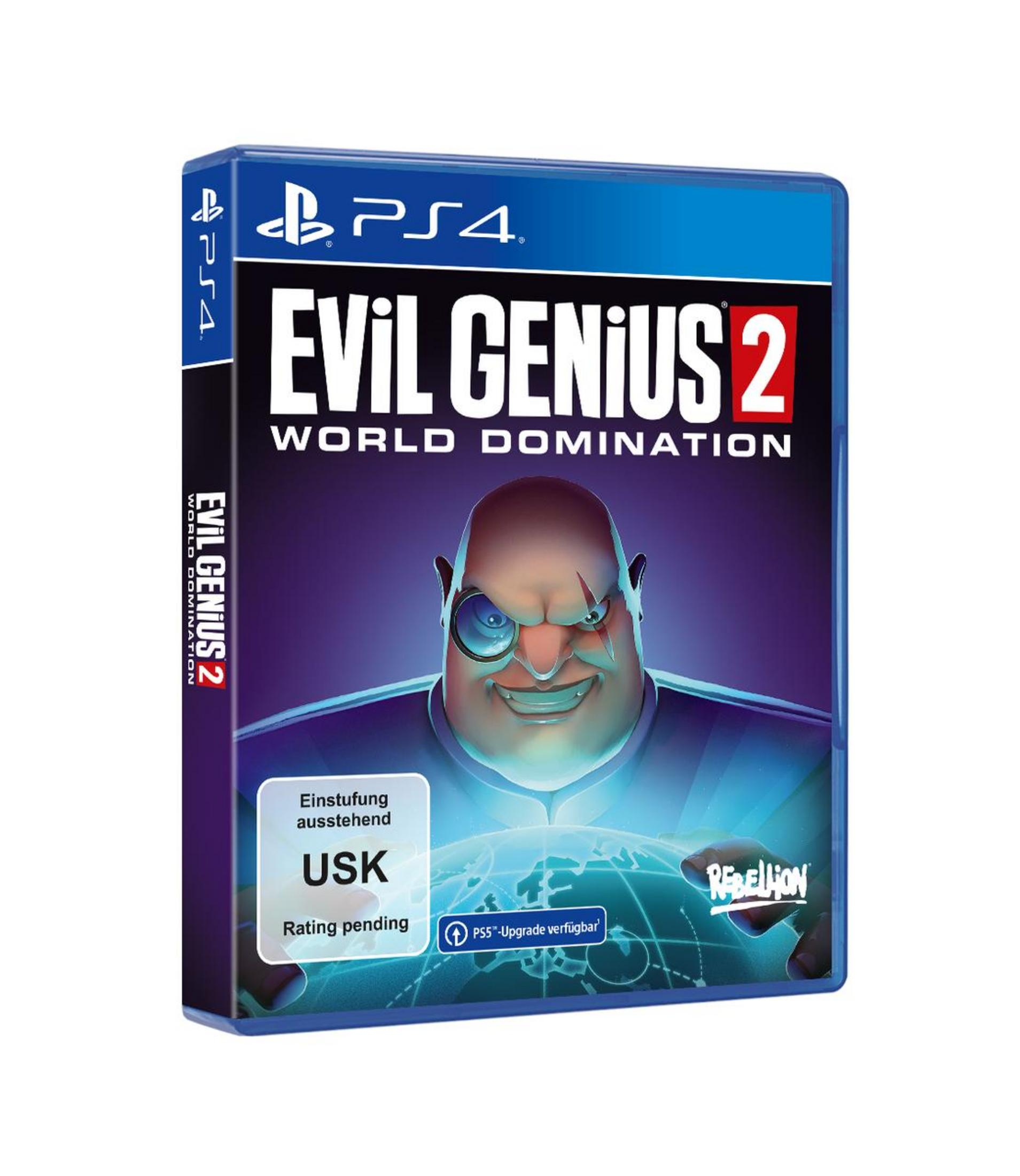 Scatola del gioco PS4 di Evil Genius 2: World Domination. Illustrazione di un cattivo.