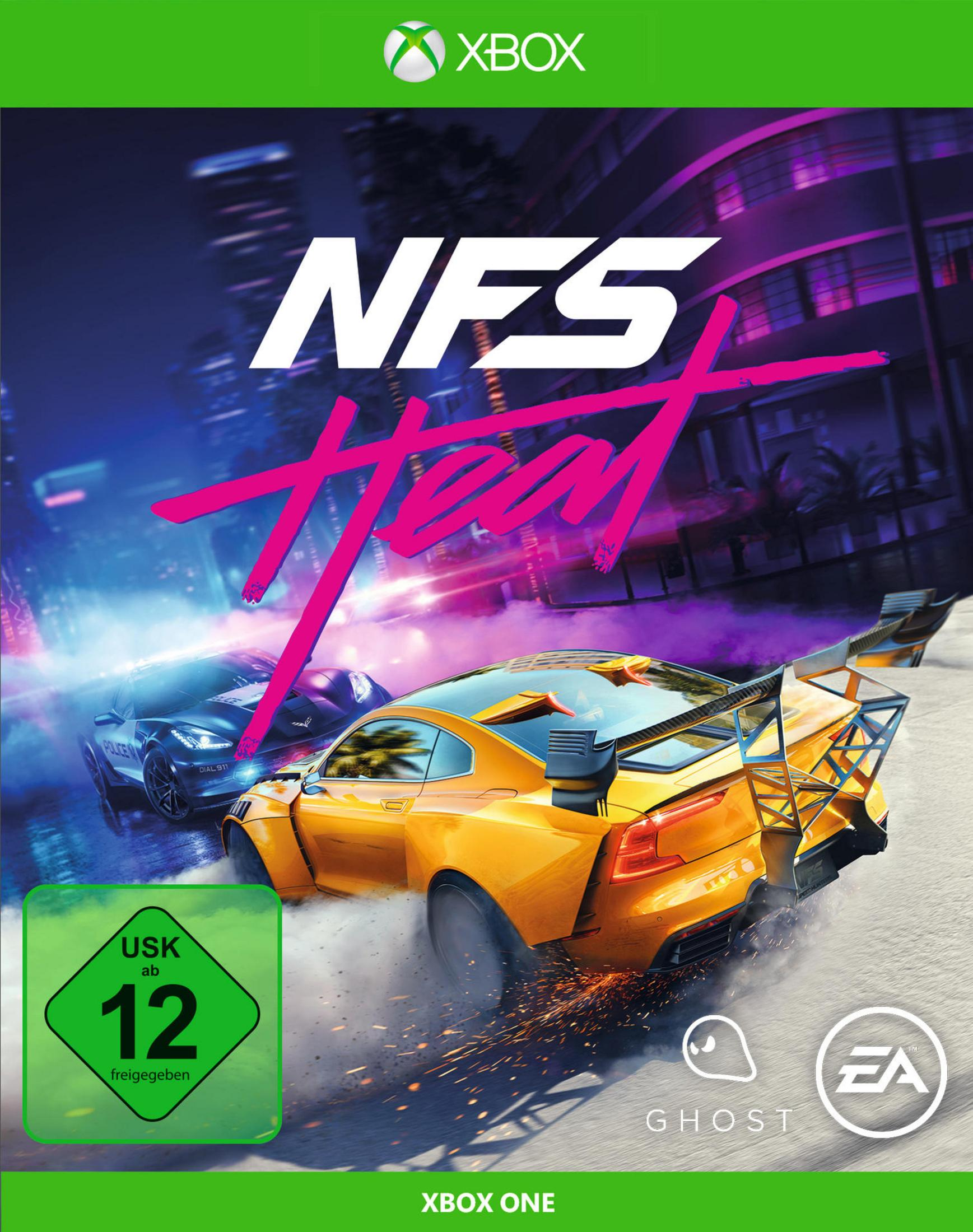 Pudełko gry NFS Heat Xbox. Żółty samochód i radiowóz ścigają się. Tytuł gry jest widoczny.