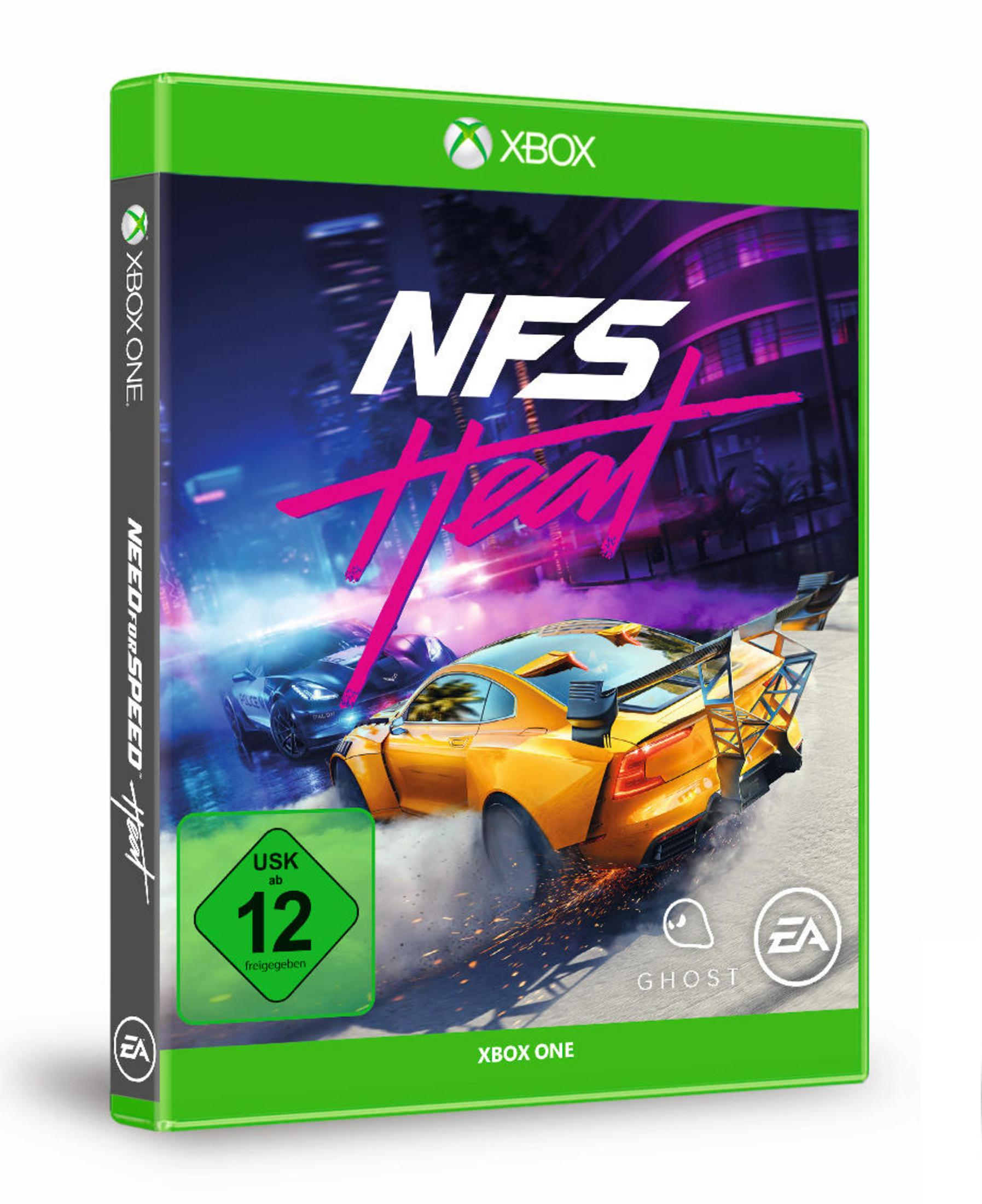 Pudełko gry Need for Speed Heat, z samochodem ścigającym się na neonowej ulicy.