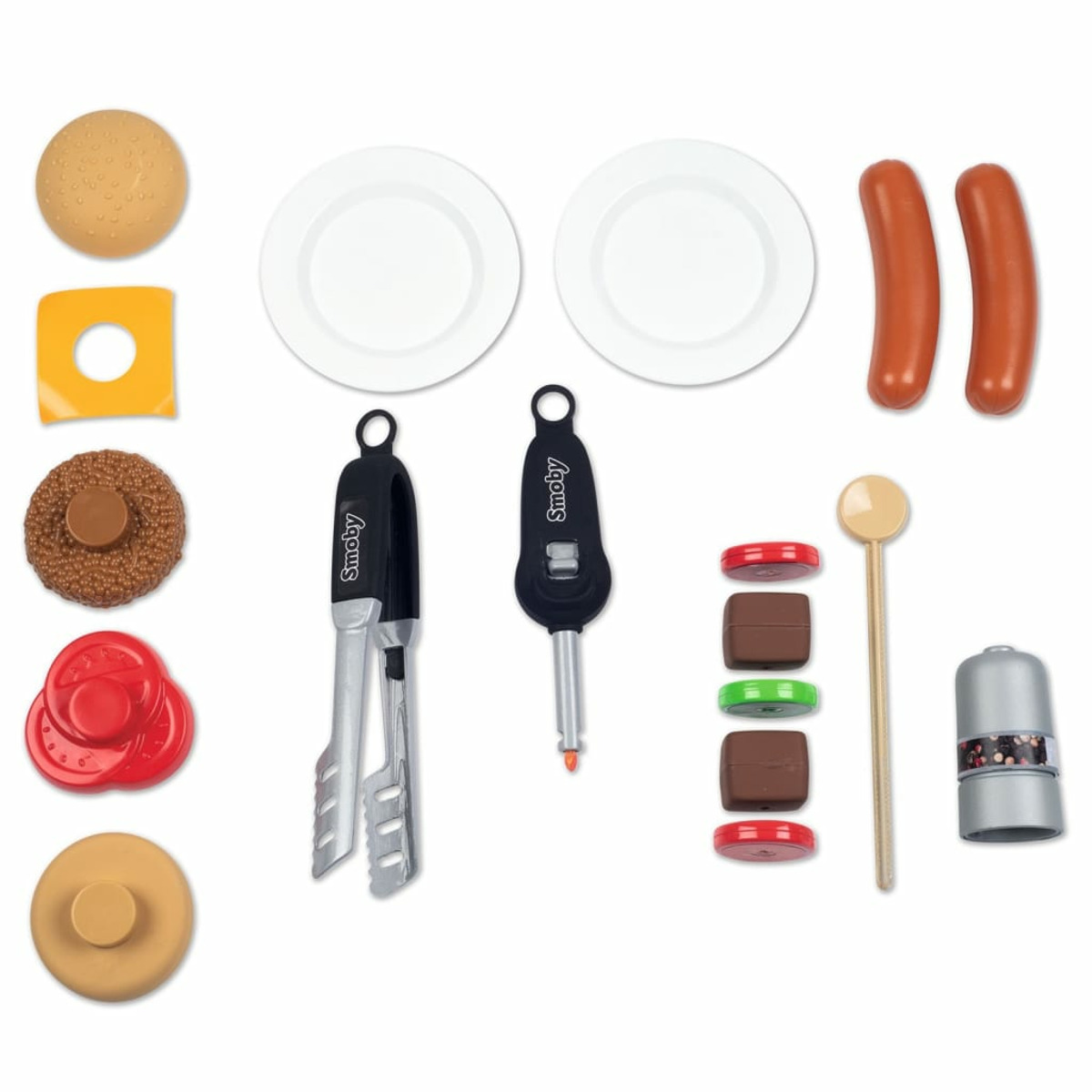 Draufsicht auf Spielzeug-Essensset: Brötchen, Käse, Burger, Tomaten, Teller, Zangen, Grill, Würstchen, Löffel, Pfeffer.