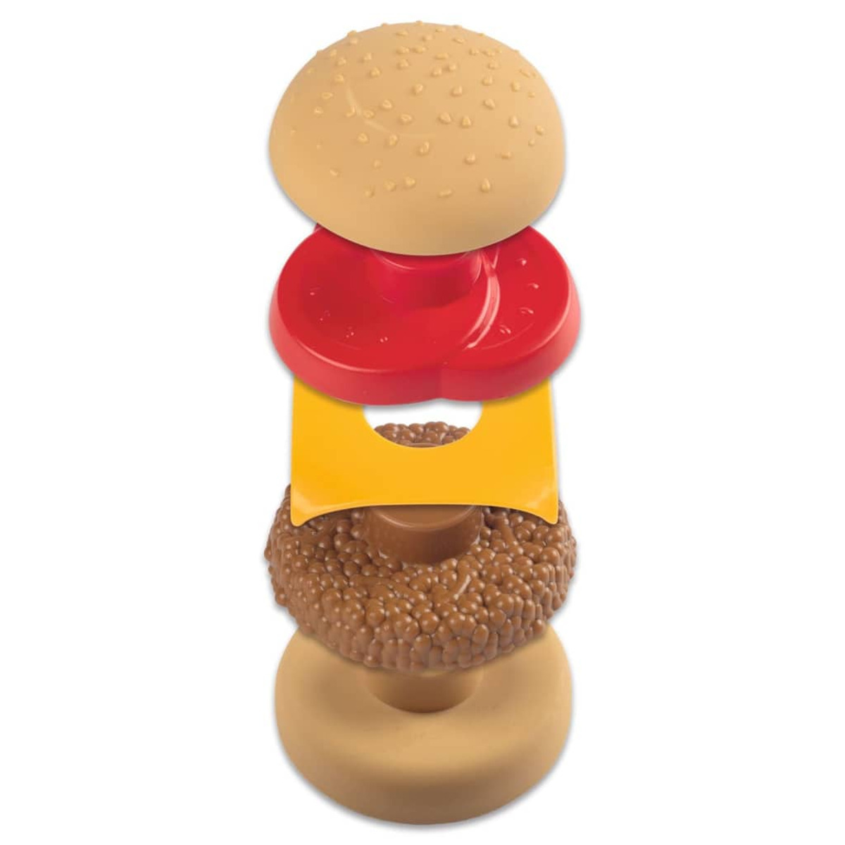 Zerlegter Spielzeugburger, der Schichten aus Brötchen, Tomate, Käse, Patty und unterem Brötchen zeigt.