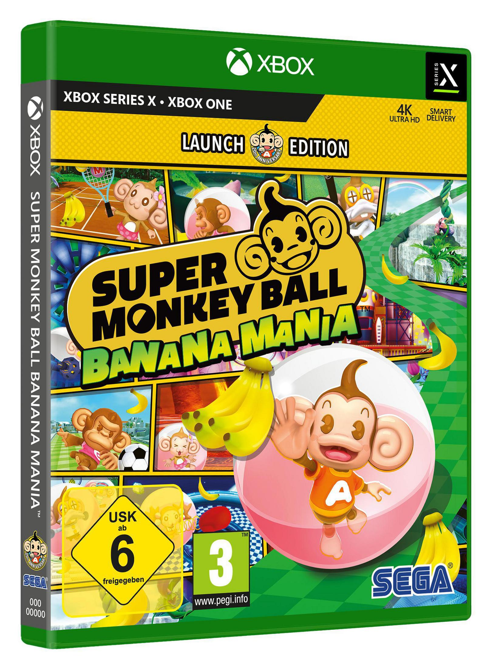 Spielbox für Super Monkey Ball: Banana Mania auf Xbox. Zeigt einen Affen und Bananen auf der Vorderseite.