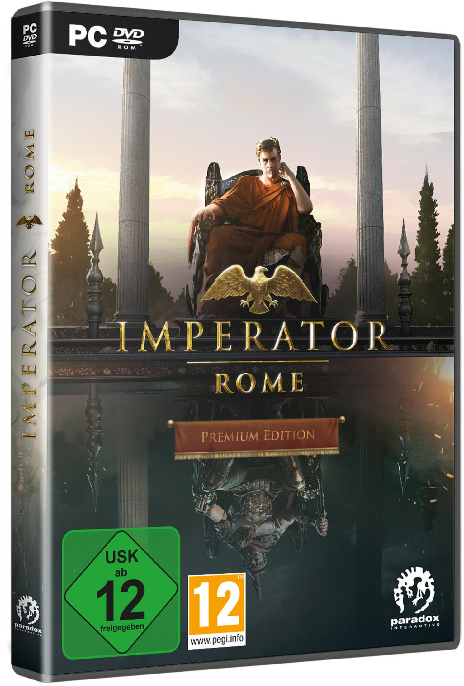 Eine Videospielbox für Imperator: Rom, mit einem Mann in einer Toga und einem goldenen Adler.