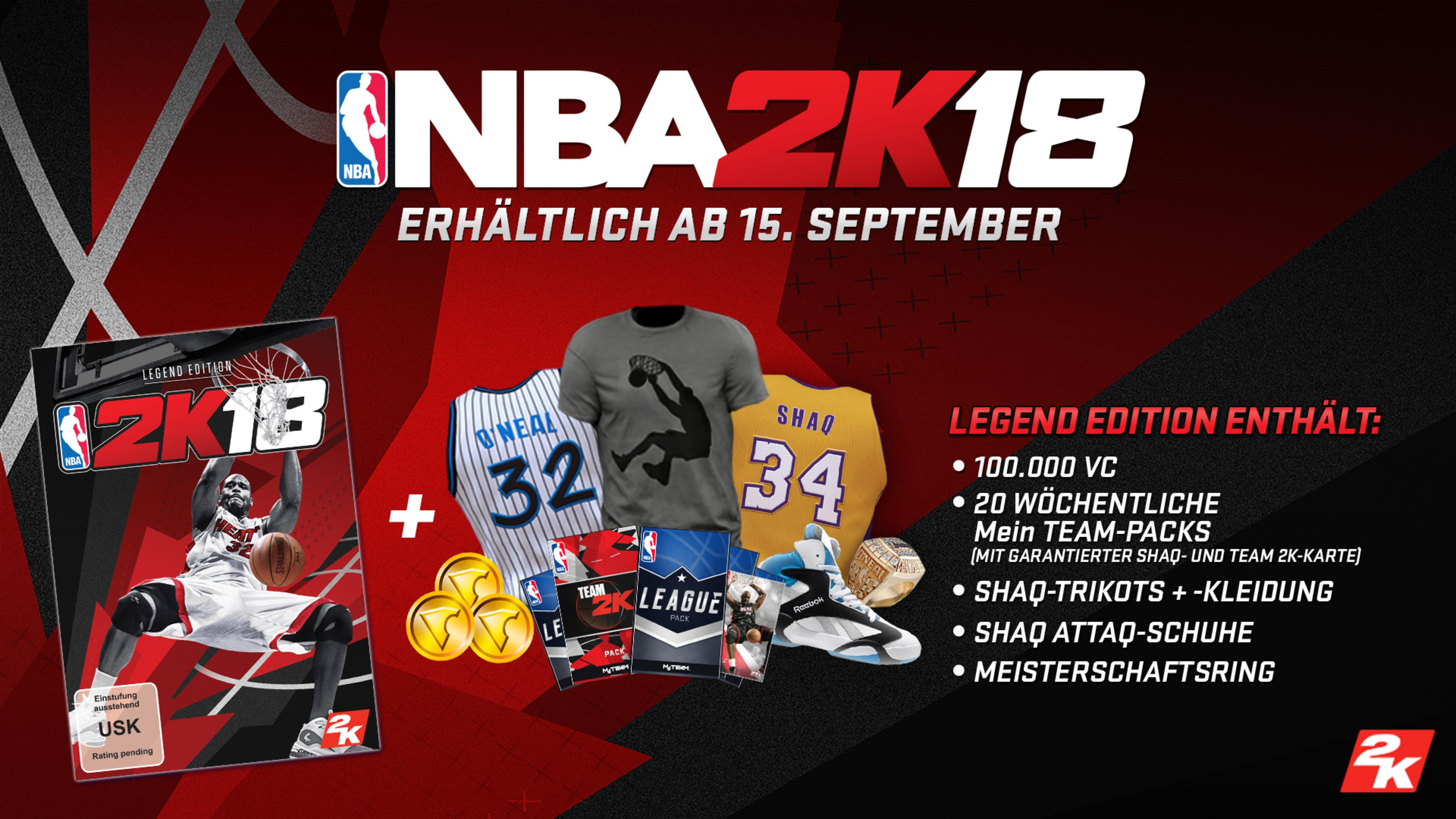 NBA 2K18 Spielcover mit Shaq, Trikot und Spieldetails.