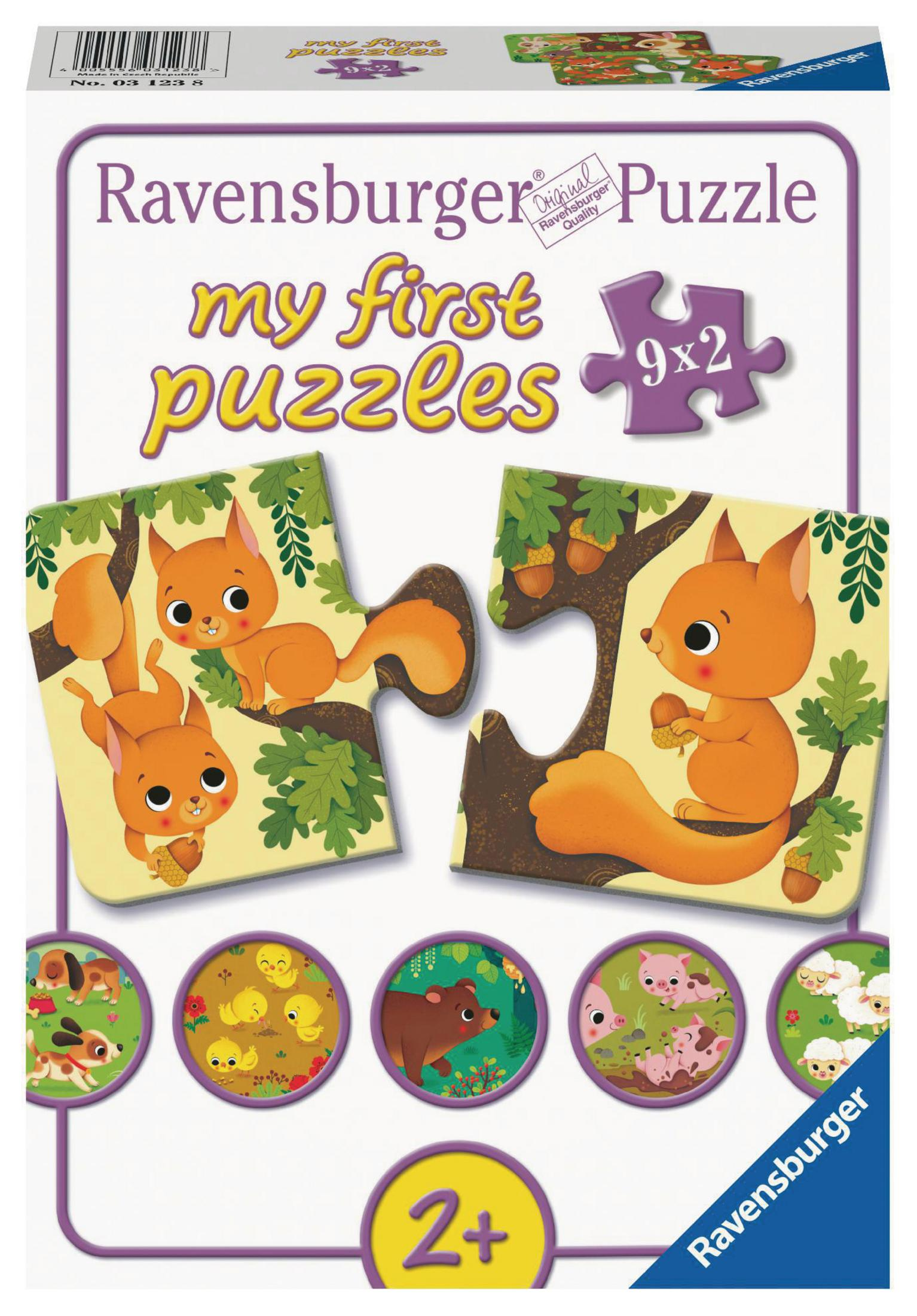 Puzzelbox met eekhoorns op takken. Inclusief stukjes en andere dierillustraties. 'My First Puzzles' label.