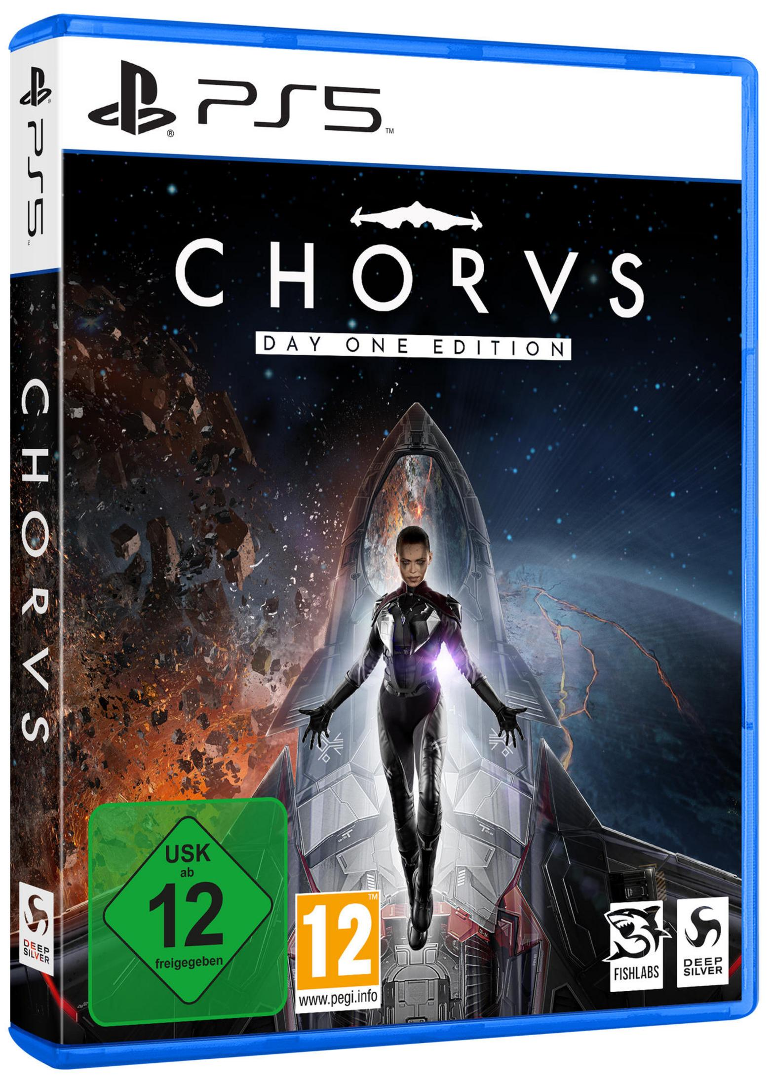 PS5-Videospielbox mit einer Frau im Anzug, Raumschiff im Hintergrund.
