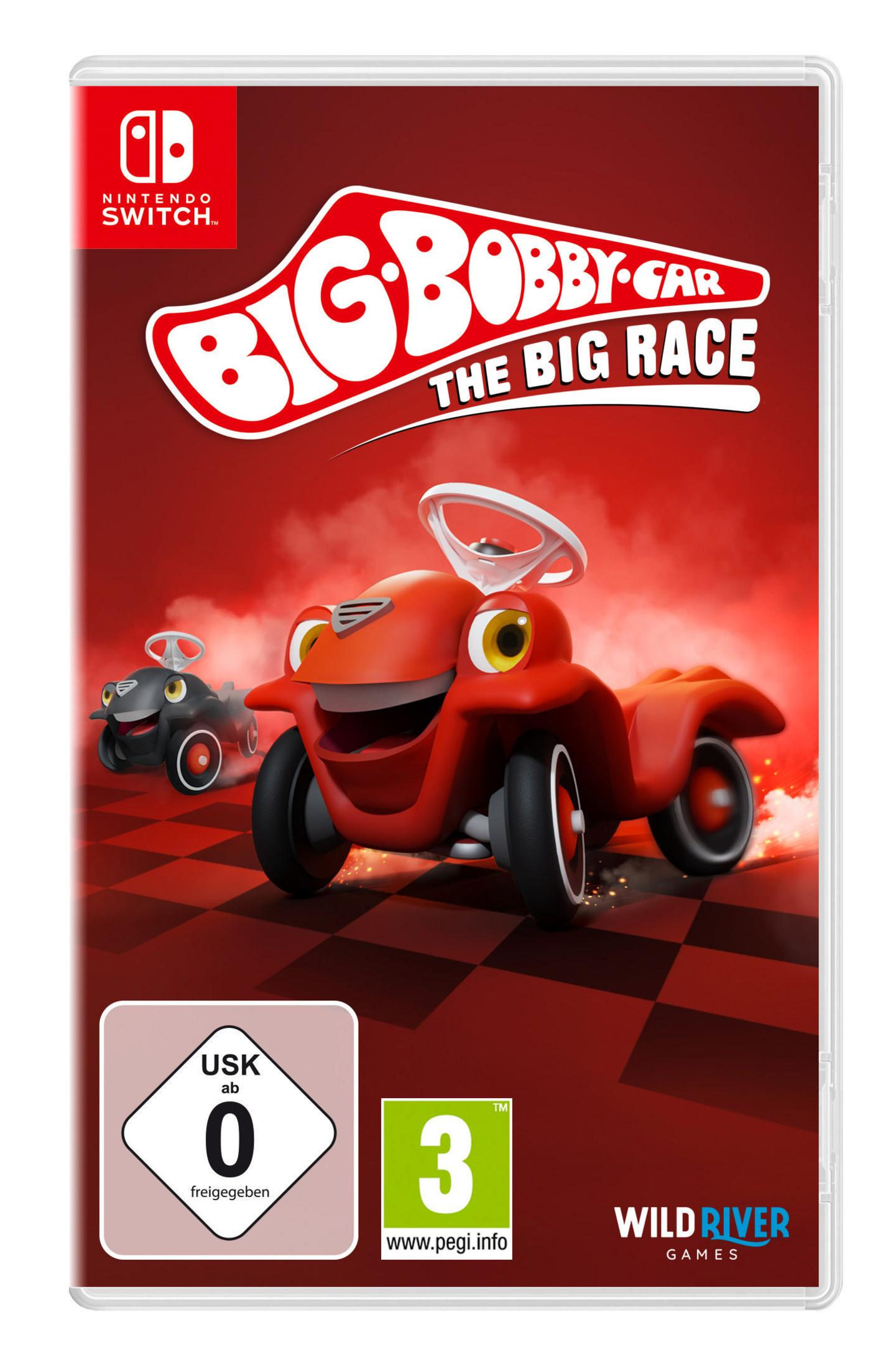 Big Bobby Car Videospielbox, rotes Auto vorne, USK 0 Bewertung.