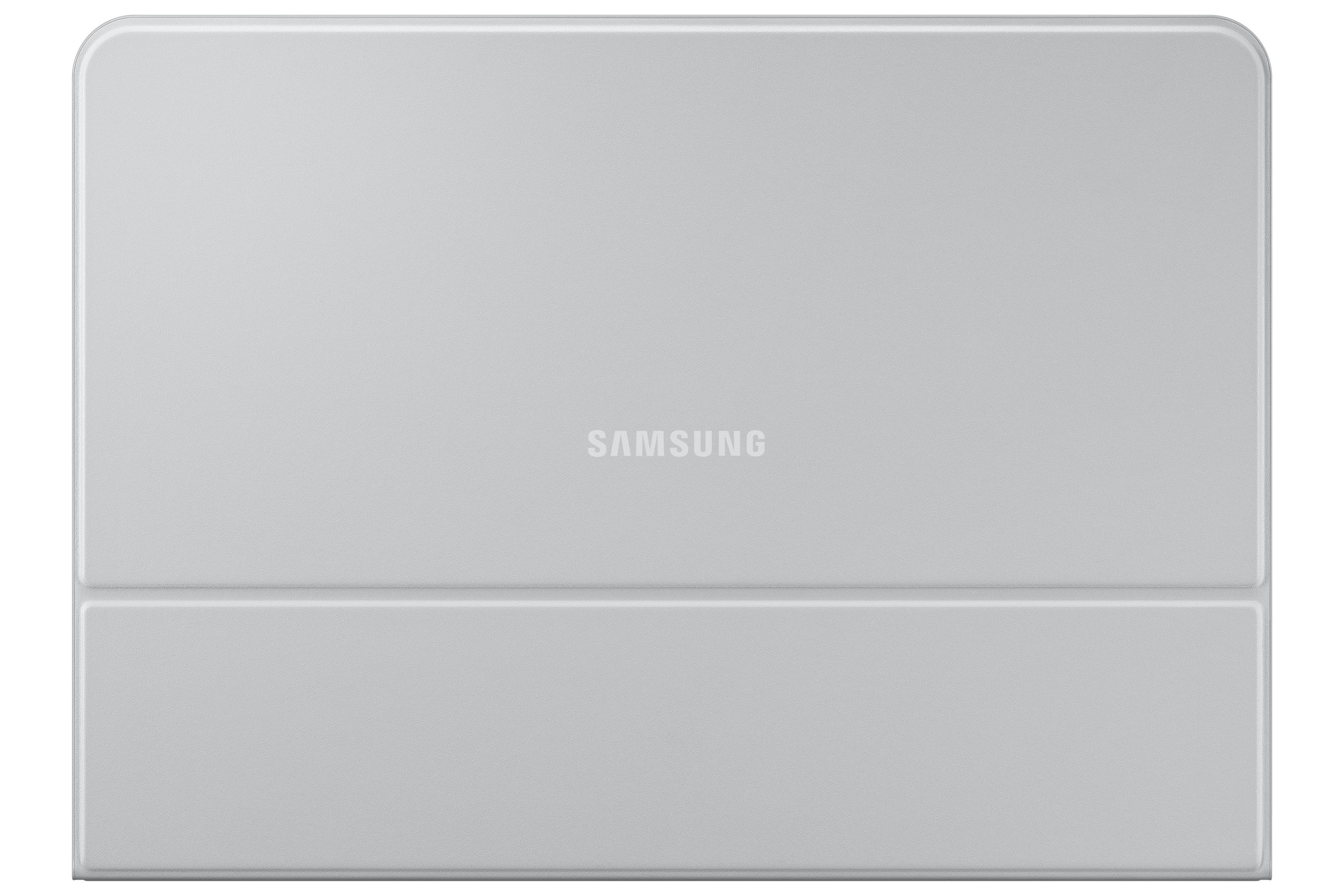 Eine hellgraue Samsung Tablet-Tastaturhülle mit dem Markennamen in der Mitte.