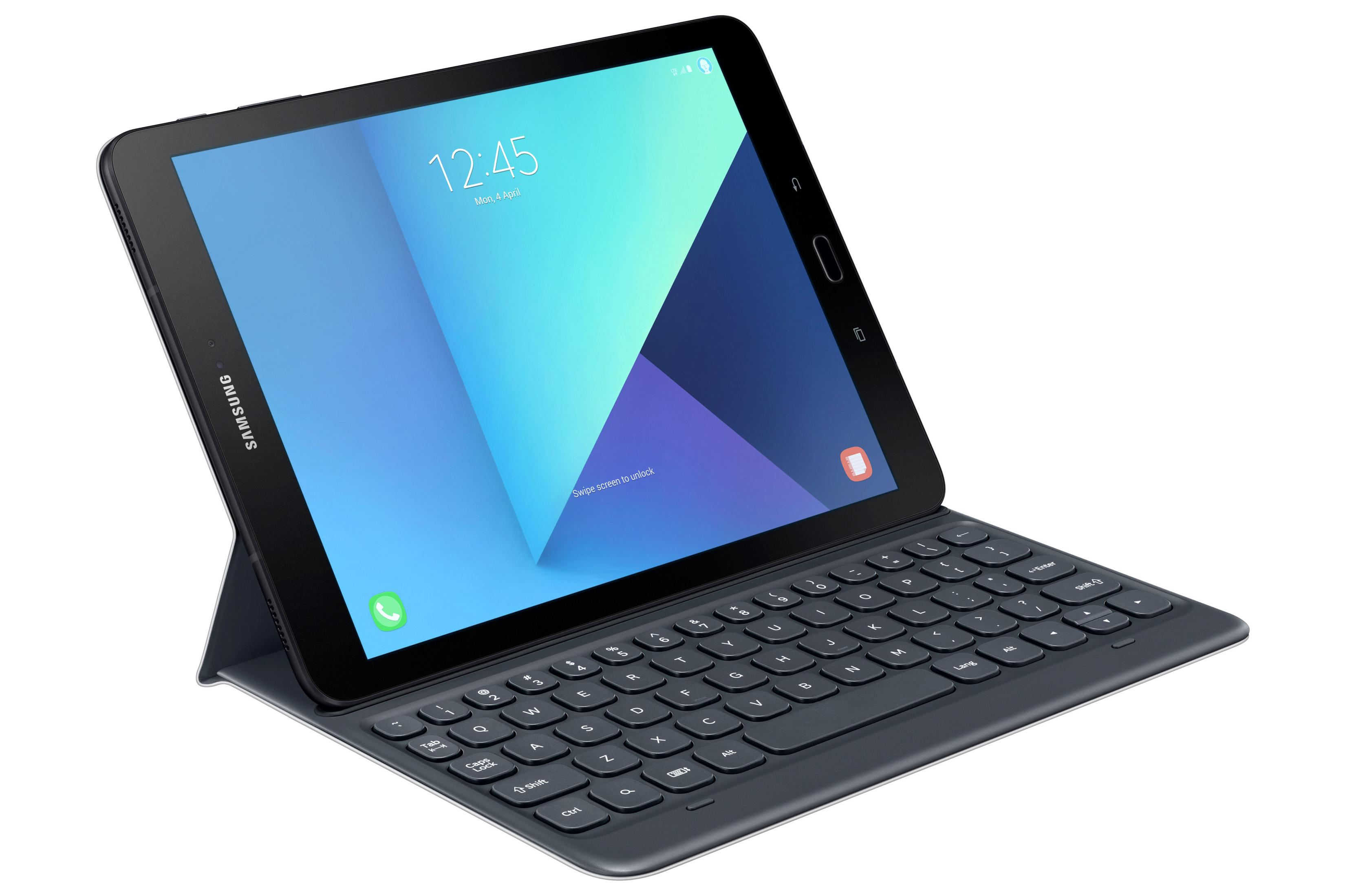 Schwarzes Tablet mit Tastaturhülle, das ein blau-weißes abstraktes Bild zeigt.