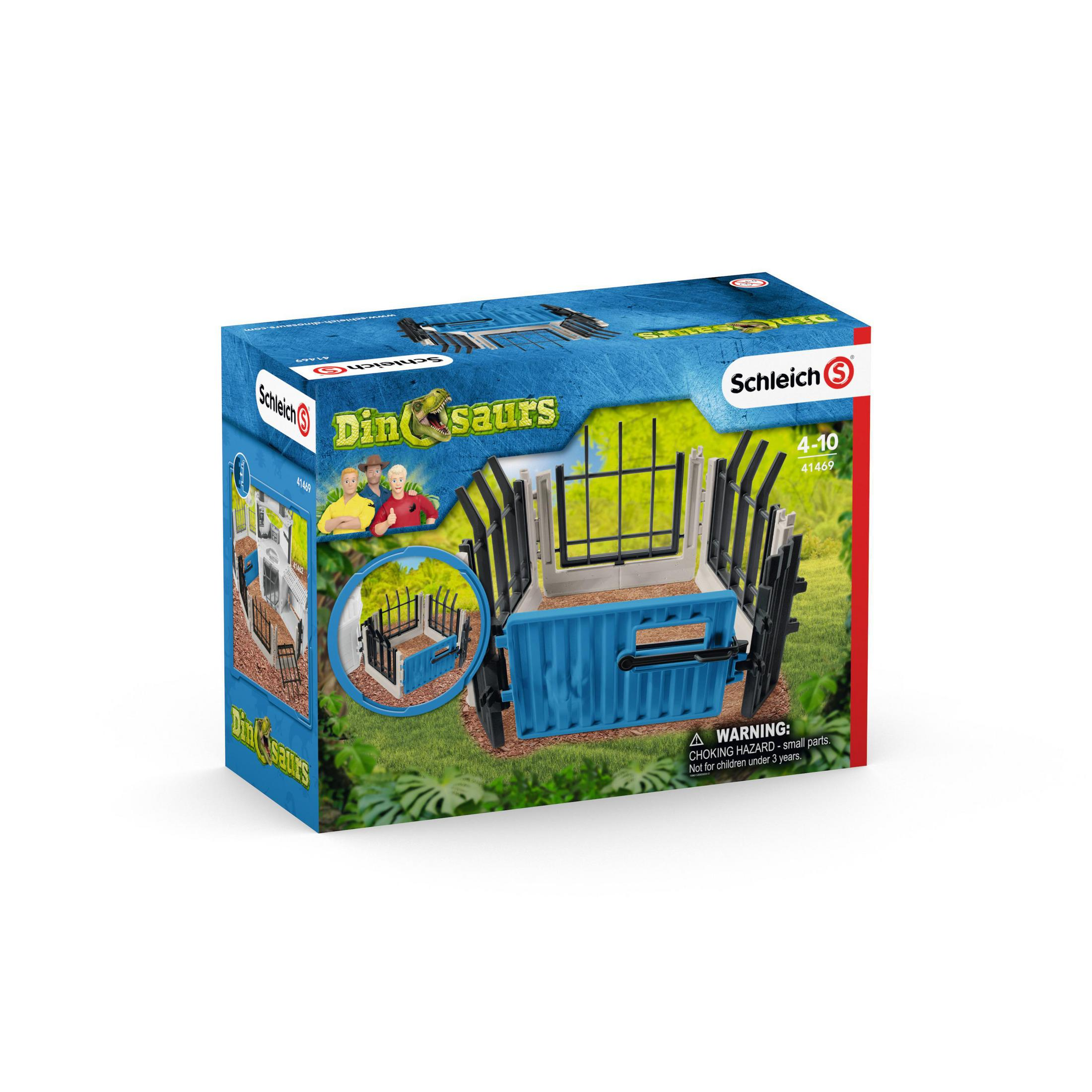 Eine blaue Box mit einem Dinosaurier-Spielzeugset. Die Box hat ein Bild eines Tors und eines Dinosauriers.