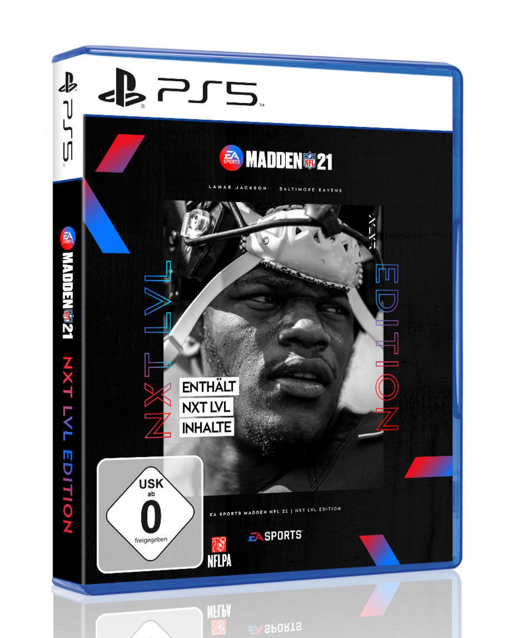 PS5-Spielhülle. Cover zeigt Lamar Jackson, den Spieletitel und 'NXT LVL EDITION'.