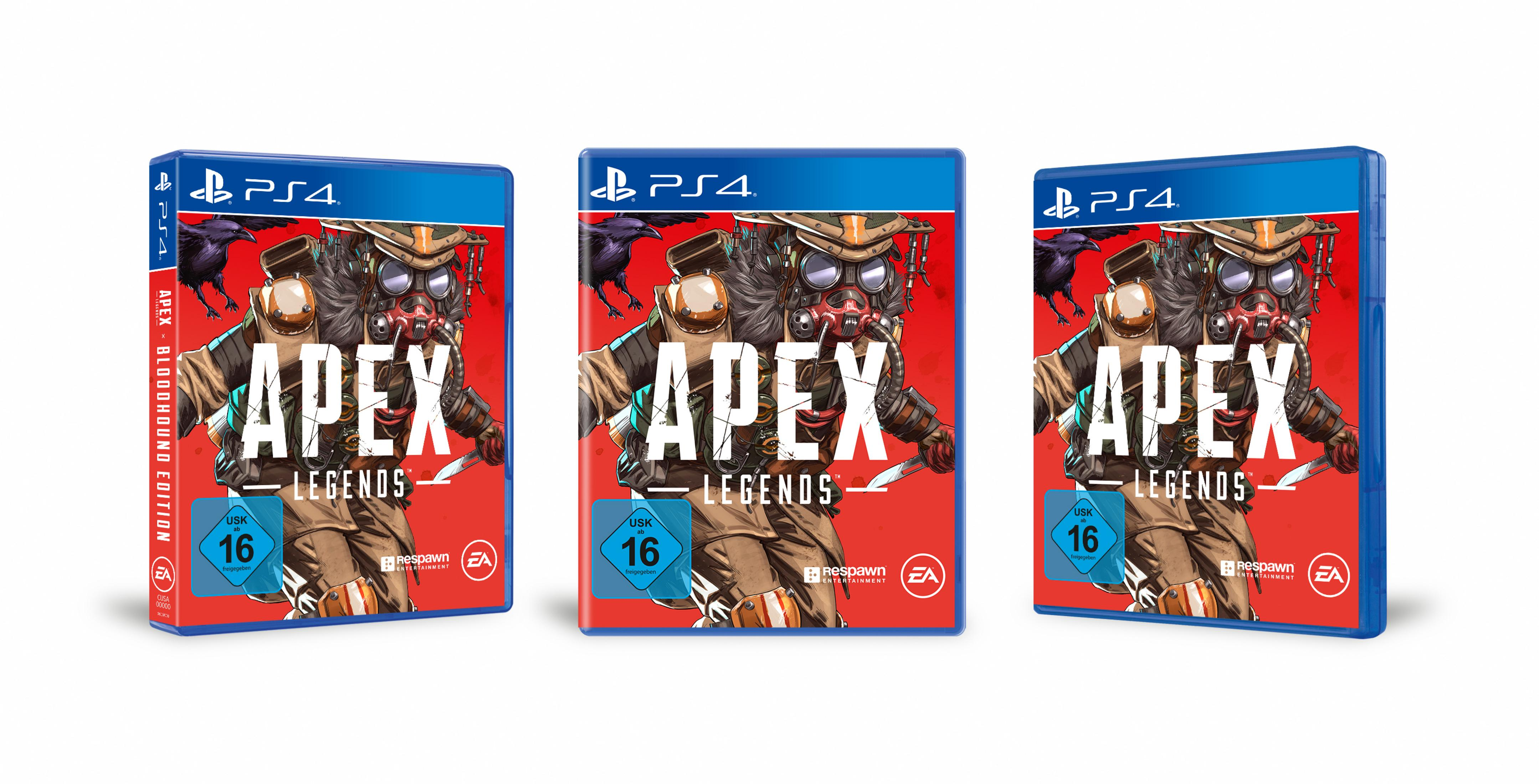Apex Legends Spielbox mit einer Maskenfigur und dem Spiel-Logo auf rotem Hintergrund.