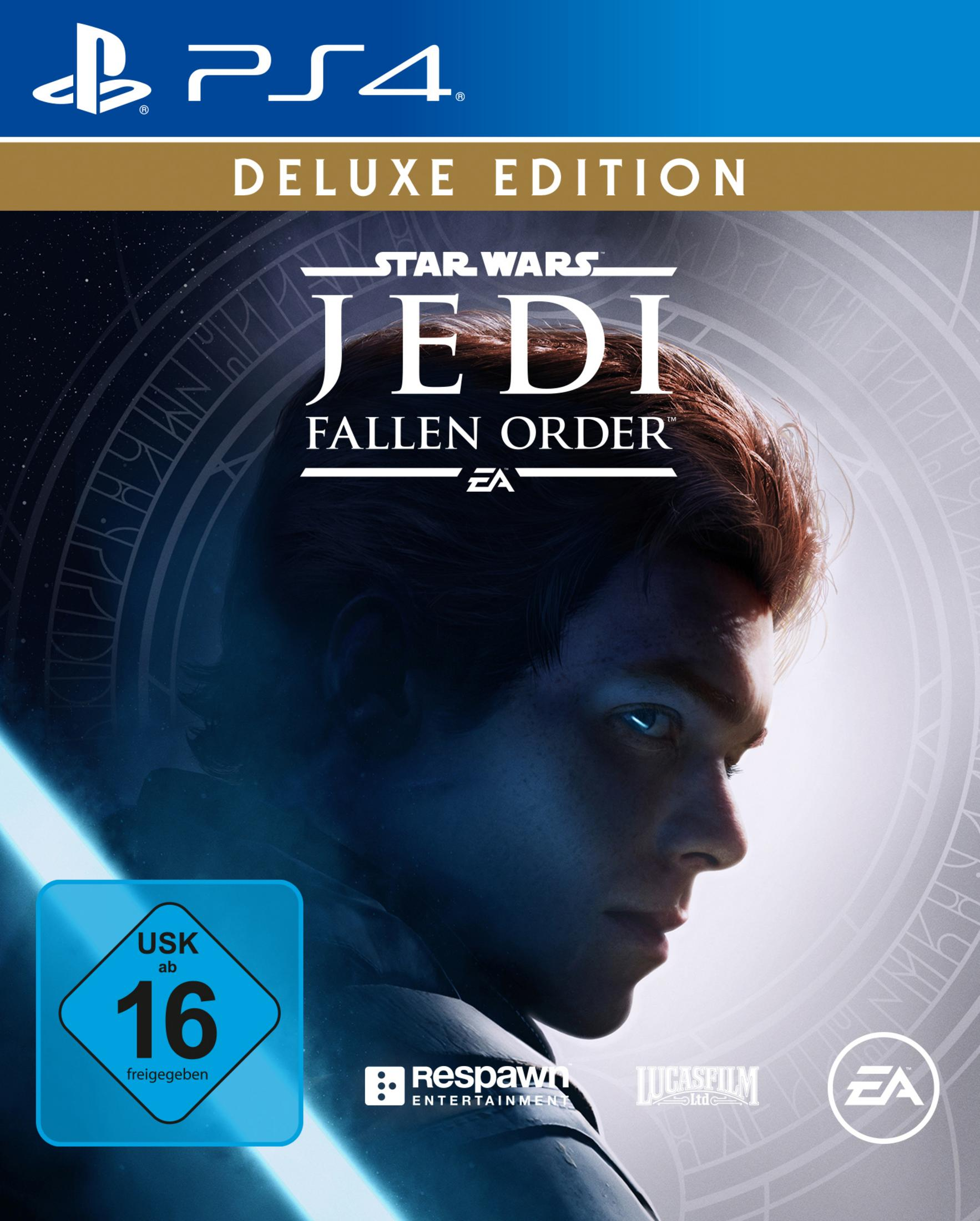 Star Wars Jedi: Fallen Order Deluxe Edition PS4-Spielbox mit einem Männergesicht auf weißem Hintergrund.