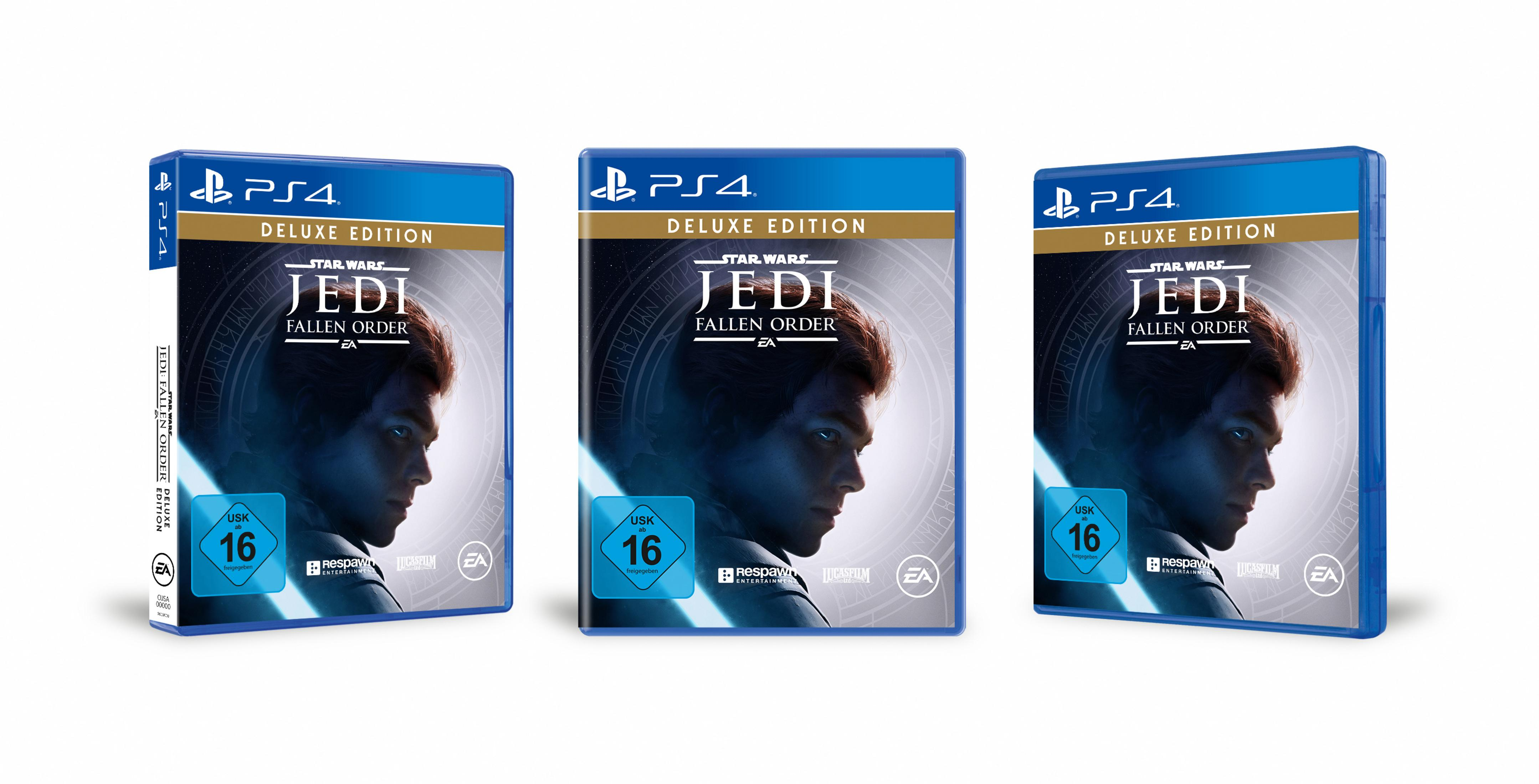 Drei PS4-Spielboxen. Star Wars Jedi: Fallen Order. Deluxe Edition mit Spieldetails.